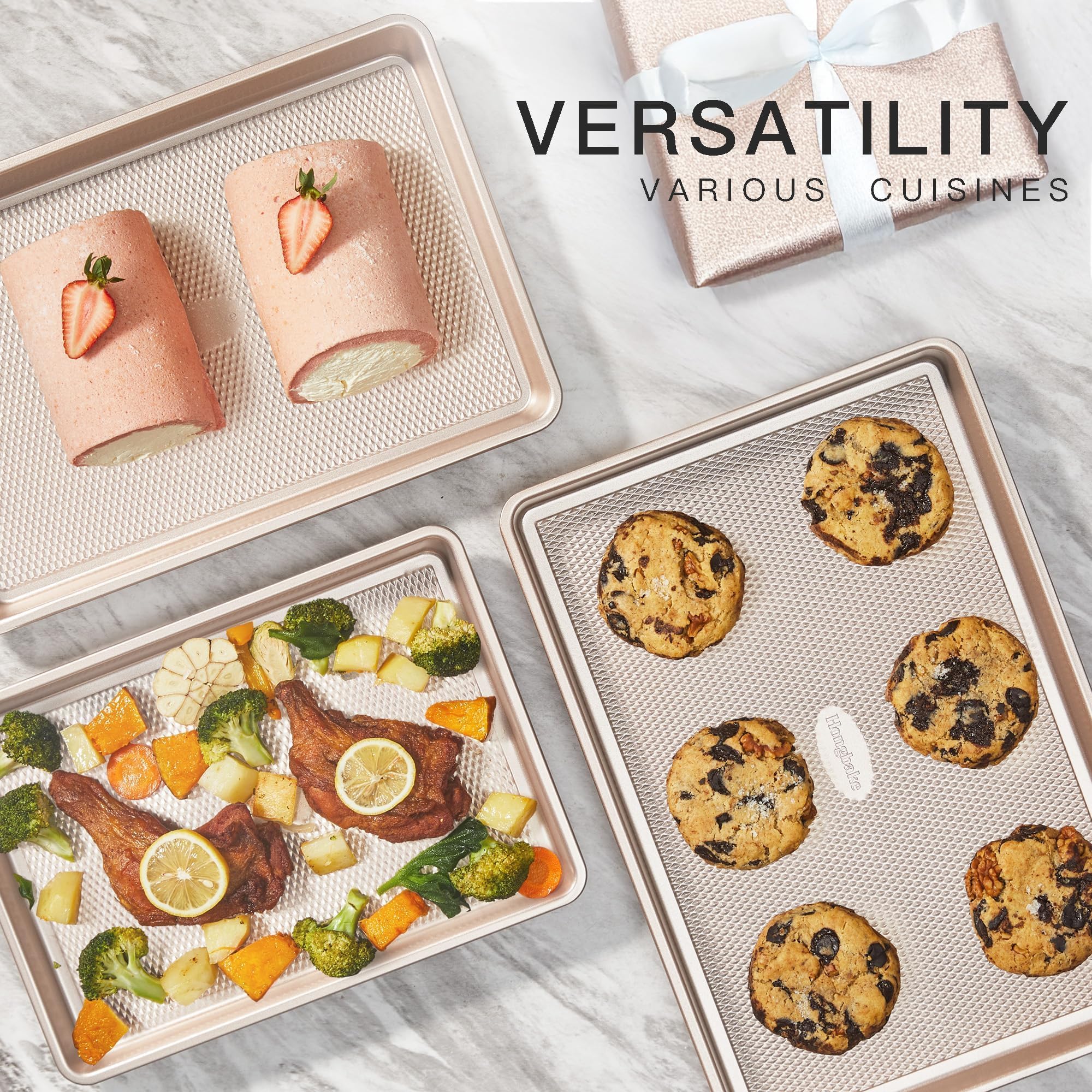HONGBAKE Baking Sheet Pan Set of 3, Cookie Sheets for Oven, Nonstick Half/Quarter/Jelly Roll Pans with Diamond Texture Pattern, 0.8mm Thick Heavy Duty Cookie Tray, Champagne Gold - Image 7