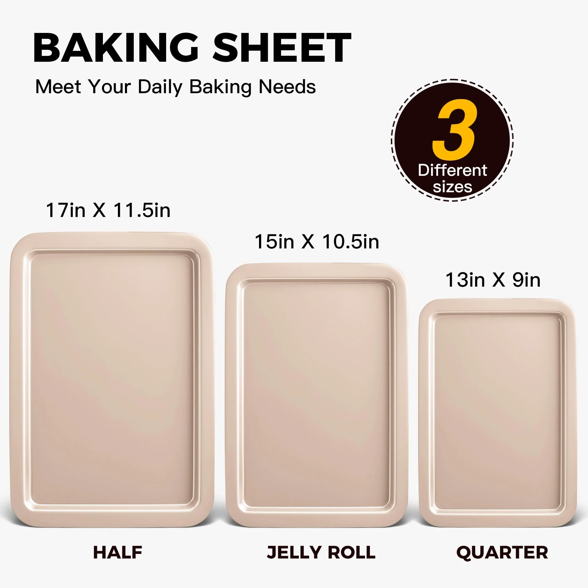 HONGBAKE Cookie Sheets, Baking Sheet Set, Nonstick Oven Pan with Wider Grips, 3 Pack Half/Jelly Roll/Quarter Baking Tray, Premium & Dishwasher Safe - Image 5