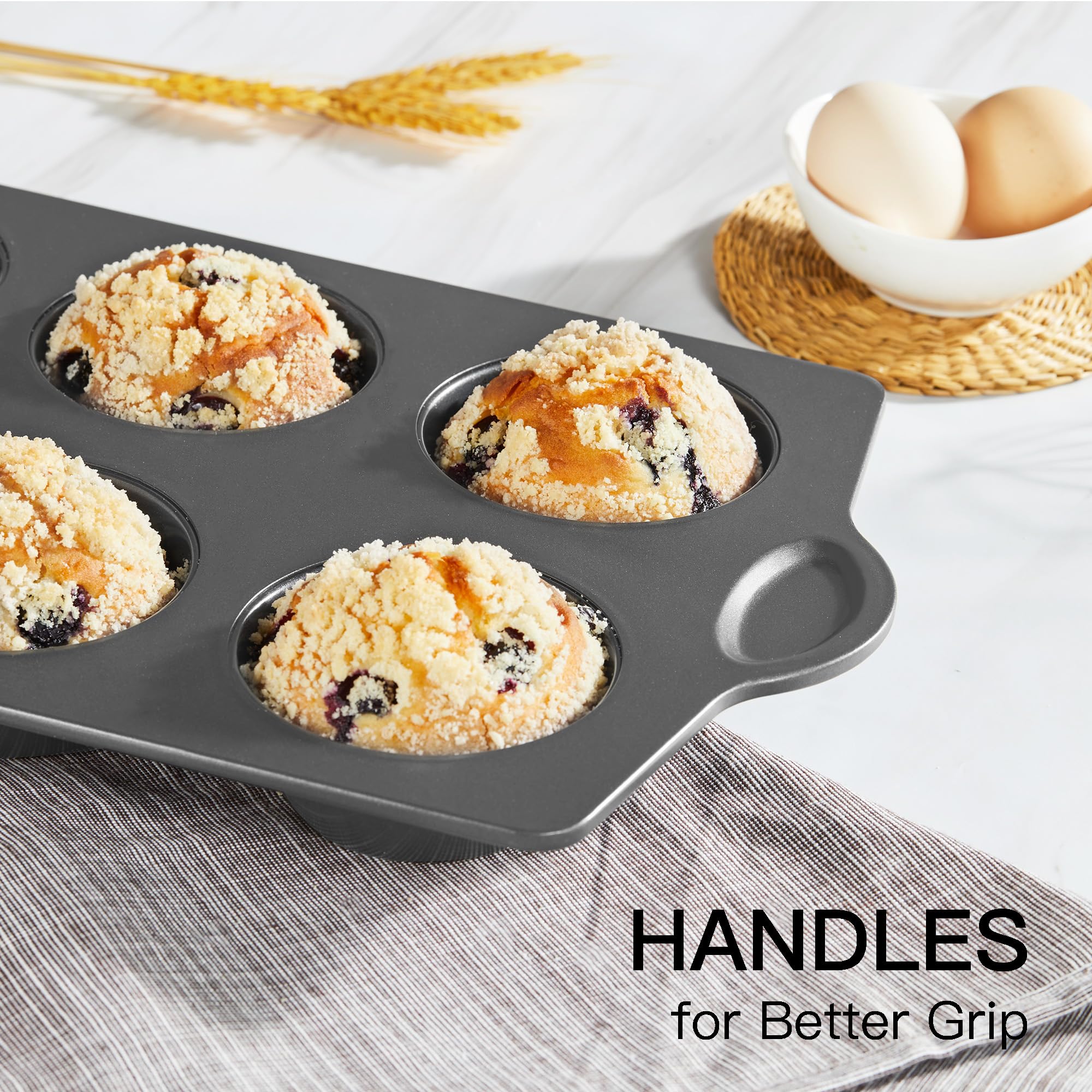 HONGBAKE Nonstick Jumbo Muffin Pan, 2 Pack Large Cupcake Tin for Baking, Cup Cake Tray, 3.5dia, 6 Cup, Premium, Extra Thick, Dishwasher Safe - Image 3