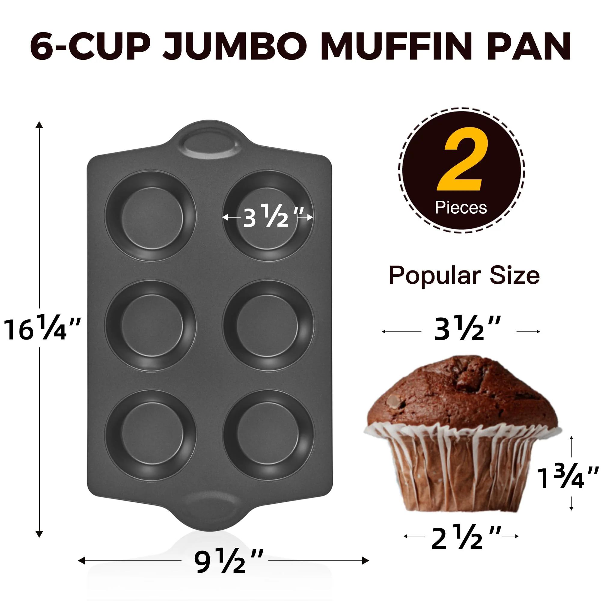 HONGBAKE Nonstick Jumbo Muffin Pan, 2 Pack Large Cupcake Tin for Baking, Cup Cake Tray, 3.5dia, 6 Cup, Premium, Extra Thick, Dishwasher Safe - Image 4