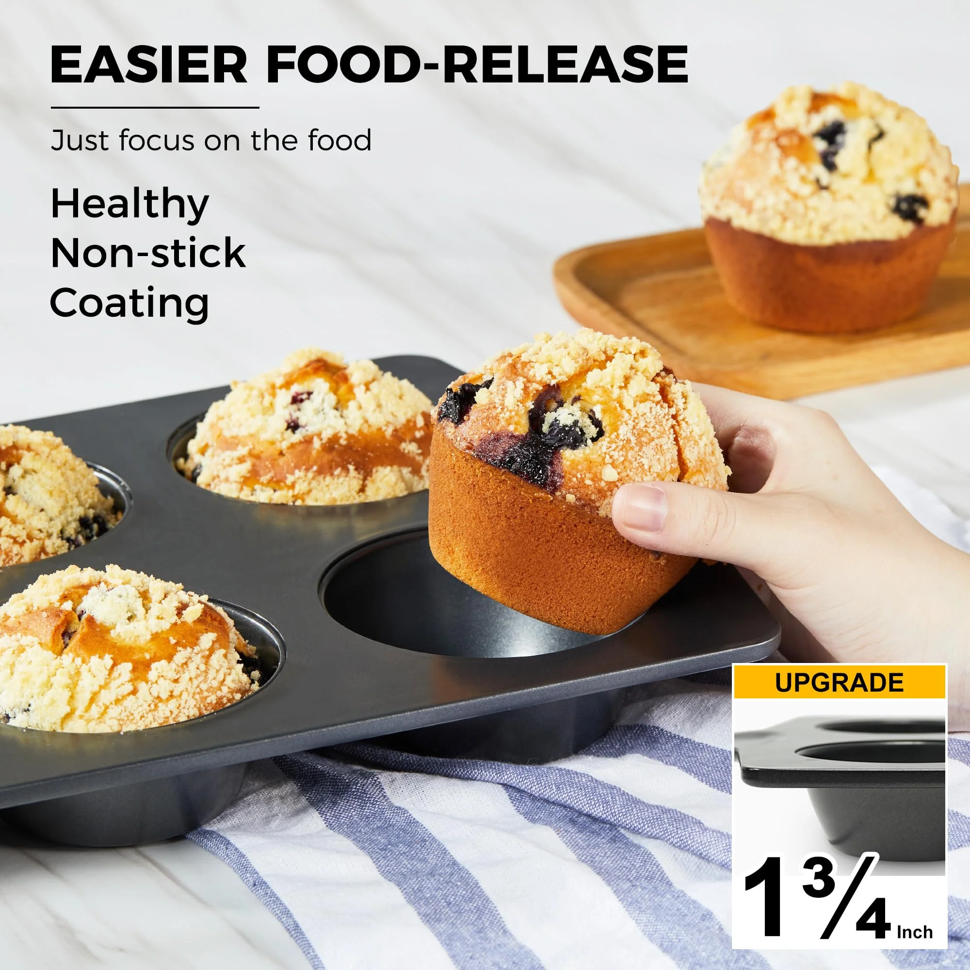HONGBAKE Nonstick Jumbo Muffin Pan, 2 Pack Large Cupcake Tin for Baking, Cup Cake Tray, 3.5dia, 6 Cup, Premium, Extra Thick, Dishwasher Safe - Image 8