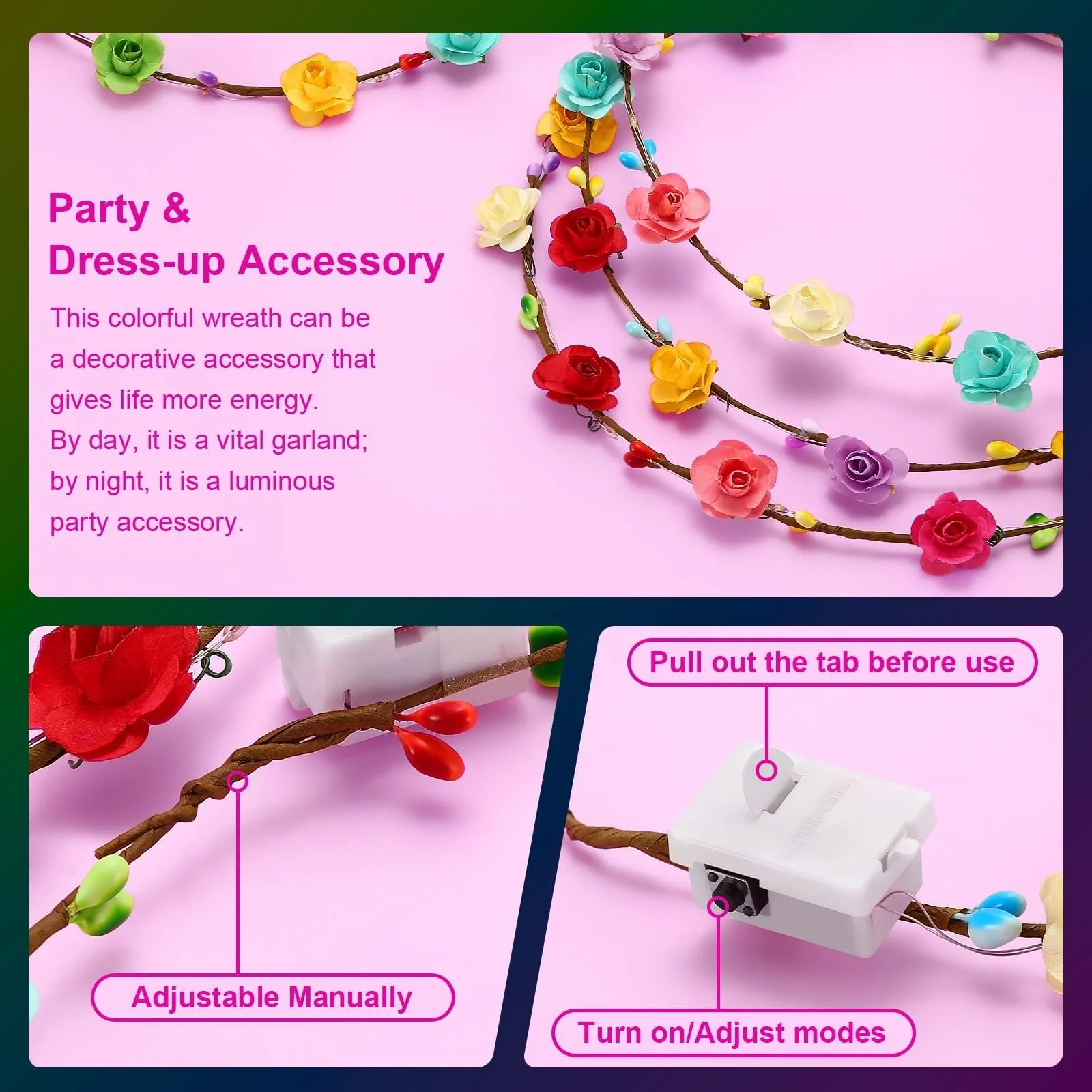 HONLYNE 54 PCS LED Flower Crowns Headbands, Light Up Flower Crowns For Women, Glow in the Dark Headband for Wedding Reception Mardi Gras Cosplay Princess Party Favors Birthday Christmas Halloween - Image 5