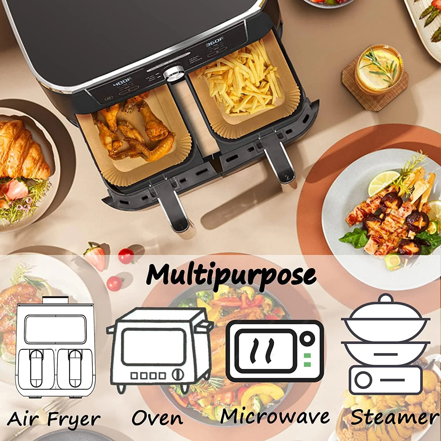 HONYAO Air Fryer Paper Liners for Dual Zone Airfryer, 200pcs 8.1x5.5 inch Rectangle Disposable Inserts for Ninja Foodi DZ201 DZ401 DZ550 other 8-10 qt 2-Basket Air Fryers, Food Grade BPA Free - Image 2