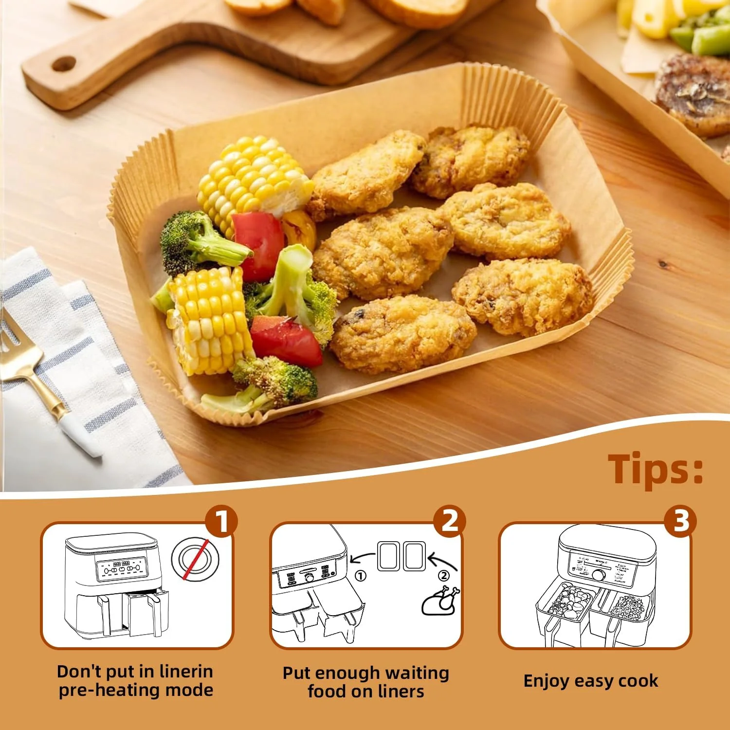 HONYAO Air Fryer Paper Liners for Dual Zone Airfryer, 200pcs 8.1x5.5 inch Rectangle Disposable Inserts for Ninja Foodi DZ201 DZ401 DZ550 other 8-10 qt 2-Basket Air Fryers, Food Grade BPA Free - Image 3