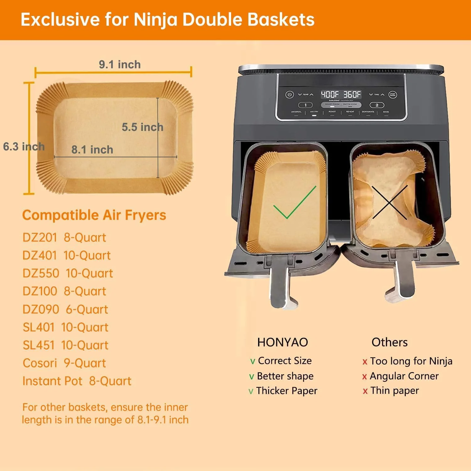 HONYAO Air Fryer Paper Liners for Dual Zone Airfryer, 200pcs 8.1x5.5 inch Rectangle Disposable Inserts for Ninja Foodi DZ201 DZ401 DZ550 other 8-10 qt 2-Basket Air Fryers, Food Grade BPA Free - Image 6