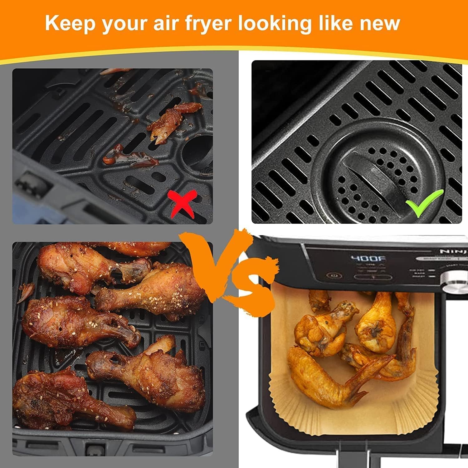 HONYAO Air Fryer Paper Liners for Dual Zone Airfryer, 200pcs 8.1x5.5 inch Rectangle Disposable Inserts for Ninja Foodi DZ201 DZ401 DZ550 other 8-10 qt 2-Basket Air Fryers, Food Grade BPA Free - Image 7
