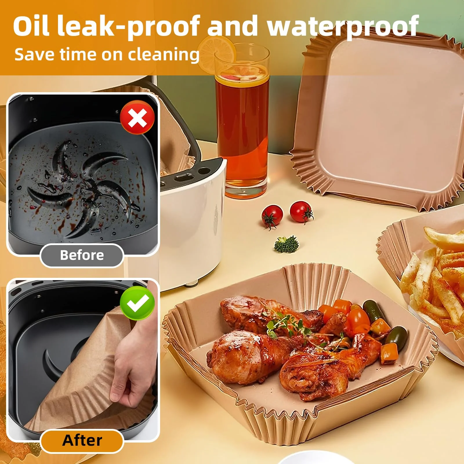 HONYAO Air Fryer Paper Liners XXL for 8-12 Qt Airfryer, 200pcs 9-10 inch Square Thickened 50gsm Disposable Parchment Tray - Image 8