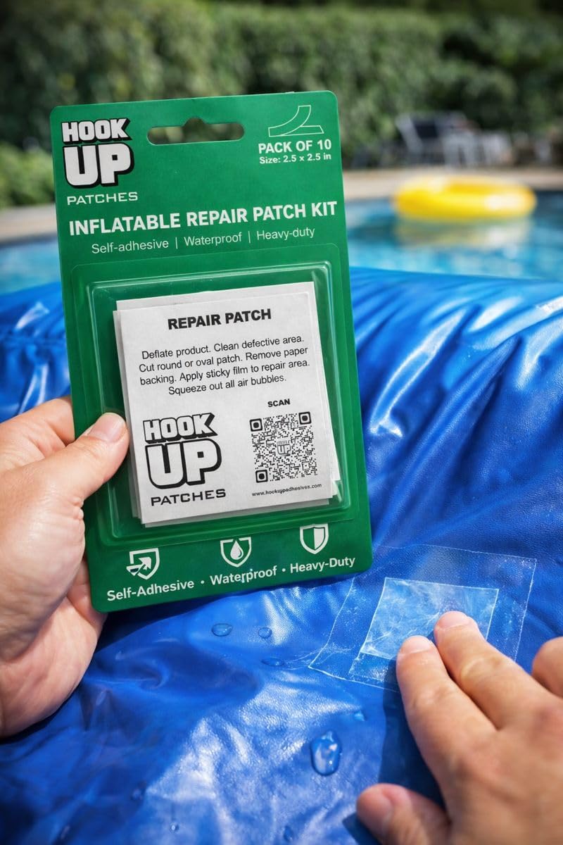 HOOK UP Inflatable Repair Patches – Heavy Duty Peel & Stick Patch Kit for Pool Floats, Air Mattresses, Inflatables & PVC – Waterproof, No Glue Needed (10 Pack) (4” x 4”, Pack of 10) - Image 2
