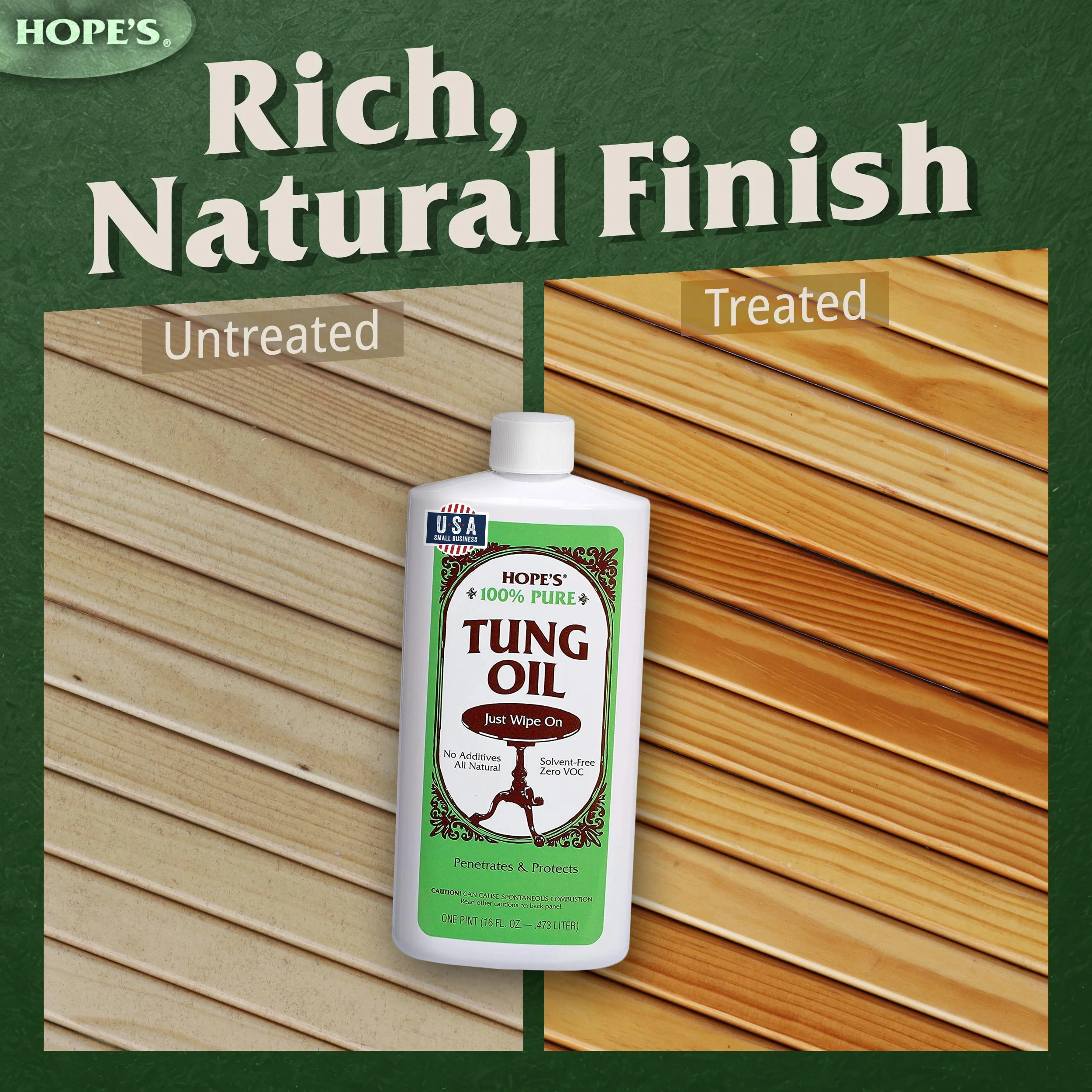 HOPE'S 100% Pure Tung Oil, Food Safe, Premium Waterproof Natural Wood Finish and Sealer for Indoor and Outdoor Projects,16 Fl Oz, 2 Pack - Image 3