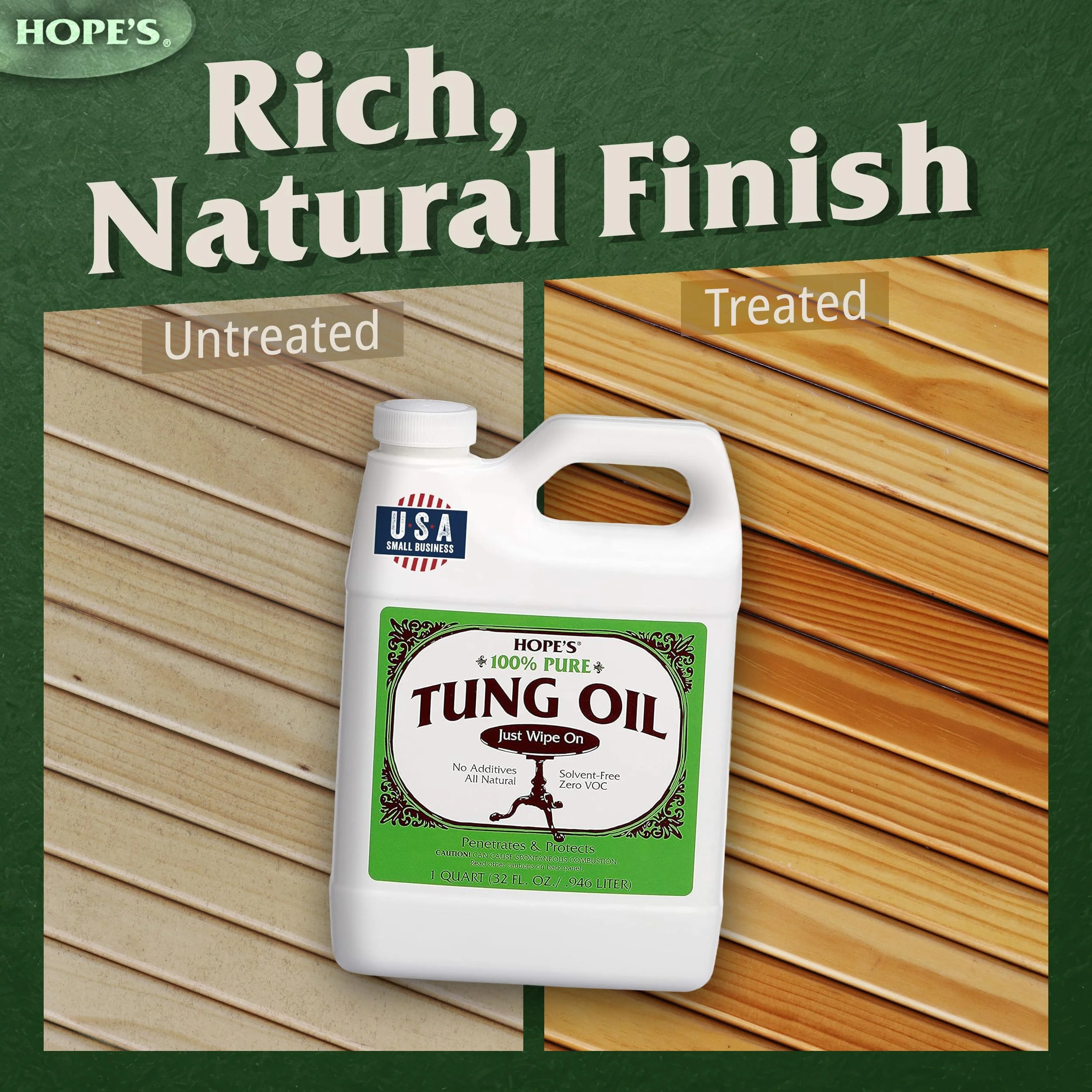 HOPE'S 100% Pure Tung Oil, Food Safe, Premium Waterproof Natural Wood Finish and Sealer for Indoor and Outdoor Projects, 32 Fl Oz, 2 Pack - Image 3
