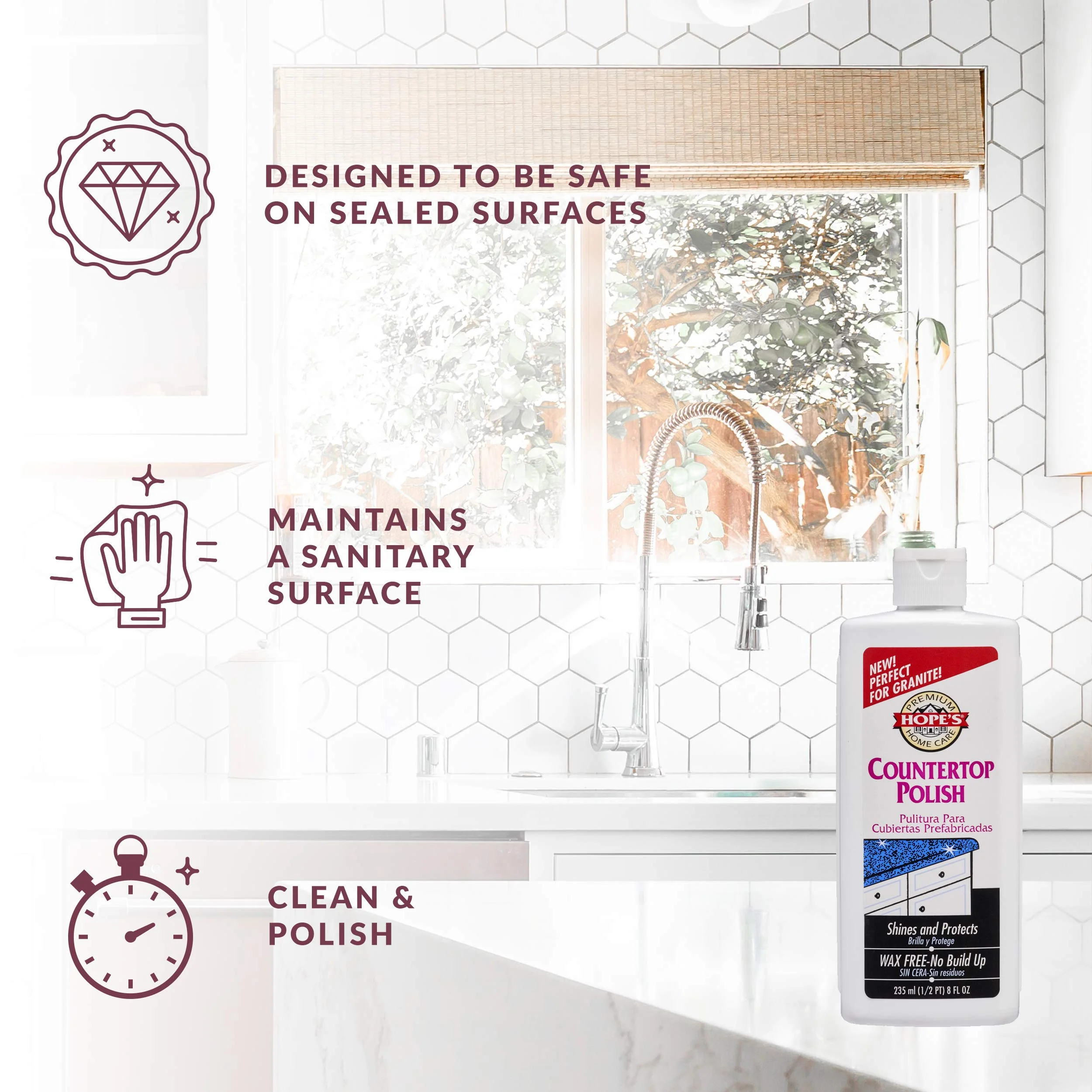HOPE'S Countertop Restoration Polish, Streak-Free Kitchen Counter Cleaner, No Buildup on Countertops, Quartz, Marble, Corian, Composite, and Granite Polish, 8 Fl Oz, Pack of 4 - Image 2