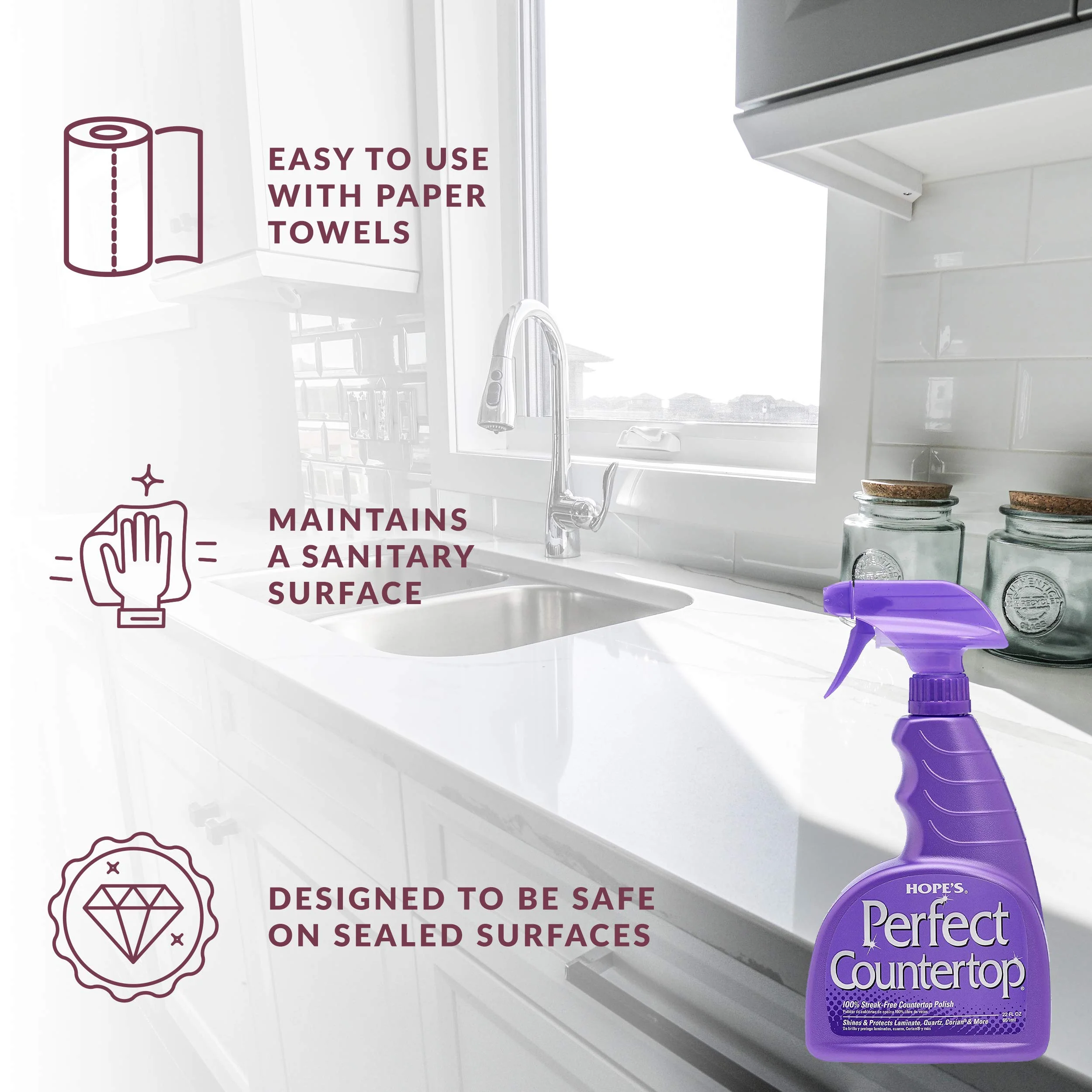 HOPE'S Perfect Countertop Cleaner and Polish 22-Ounce, Streak-Free Multi-Surface Cleaning Spray, Safe on Stone, Laminate, CORIAN, Granite, Quartz, Marble, Pack of 1 - Image 3