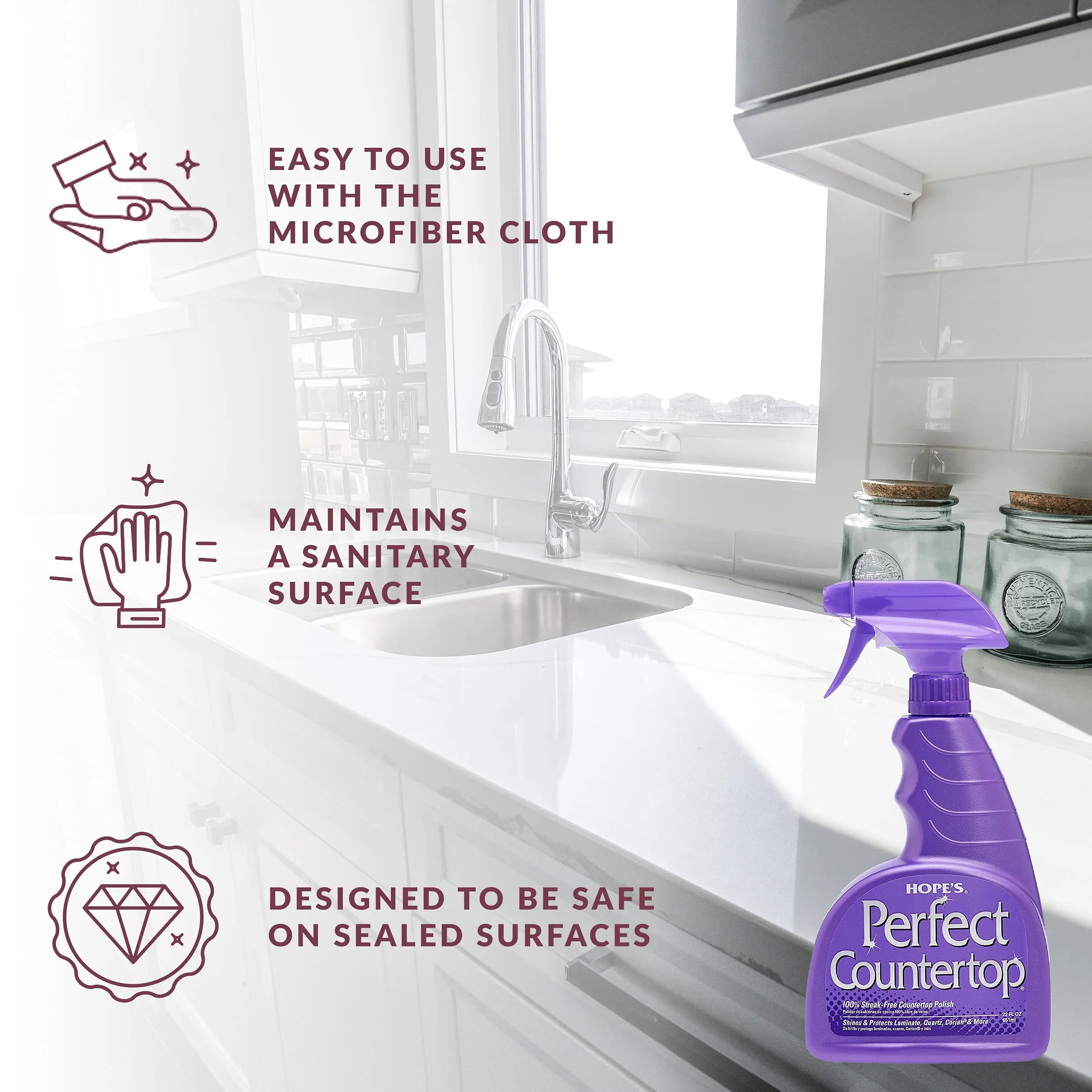 HOPE'S Perfect Countertop Cleaner and Polish - Streak-Free Multi Surface Cleaning Spray - Kitchen Spray for Granite, Quartz, Marble, Stone, Laminate, CORIAN, 22 Fl Oz, Pack of 1 with Microfiber Cloth - Image 3