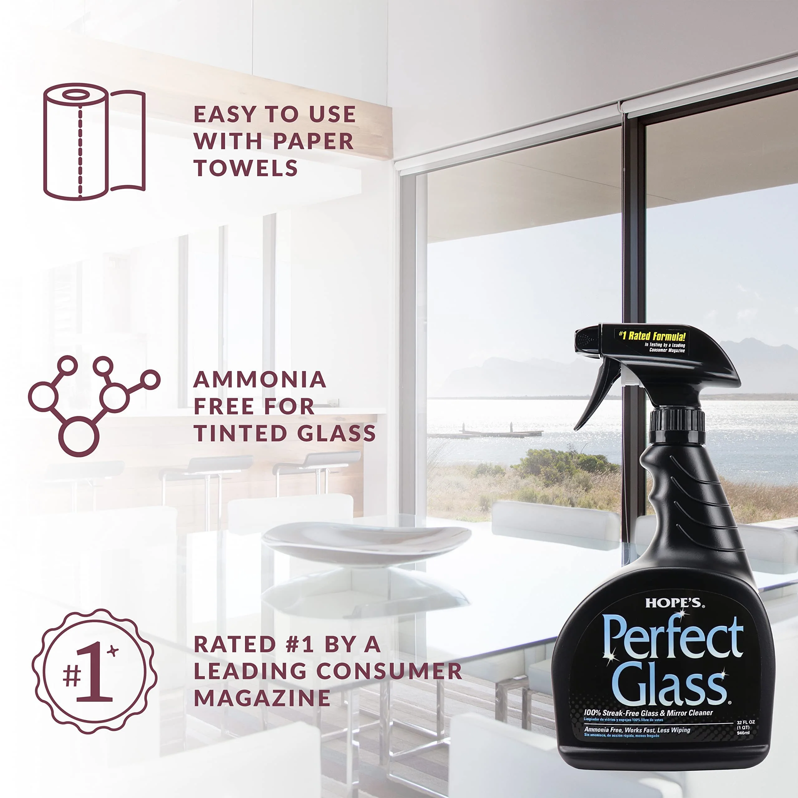 HOPE'S Perfect Glass Cleaner Spray, Streak-Free, Ammonia-Free Window, Mirror, Screen, Tinted Glass, and Shower Door Cleaner, Indoor and Outdoor Glass Surfaces, 32 Fl Oz, Pack of 2 - Image 6