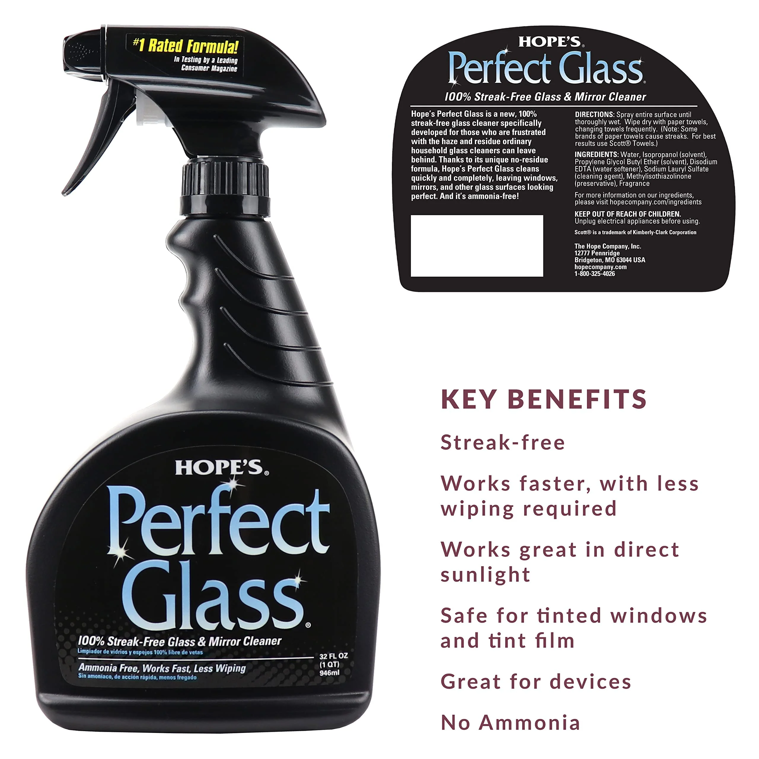 HOPE'S Perfect Glass Cleaner Spray, Streak-Free, Ammonia-Free Window, Mirror, Screen, Tinted Glass, and Shower Door Cleaner, Indoor and Outdoor Glass Surfaces, 32 Fl Oz, Pack of 2 - Image 7