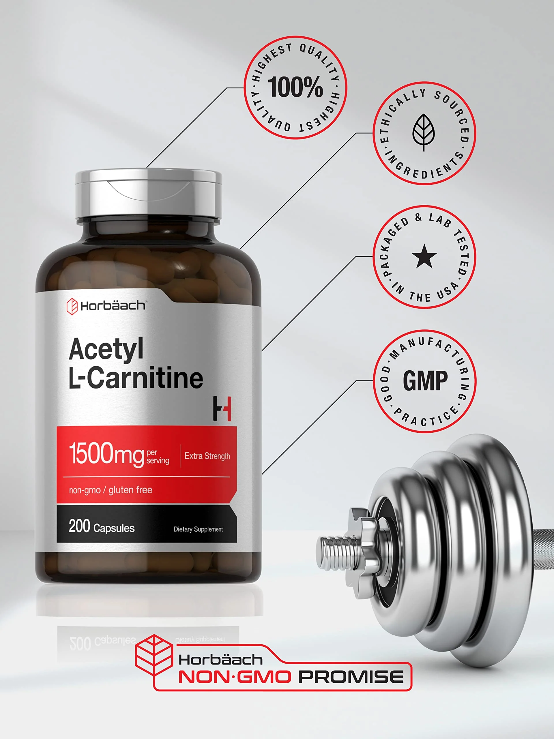 Horbäach Acetyl L-Carnitine 1500mg | 200 Capsules | Extra Strength Supplement | Non-GMO & Gluten Free - Image 4