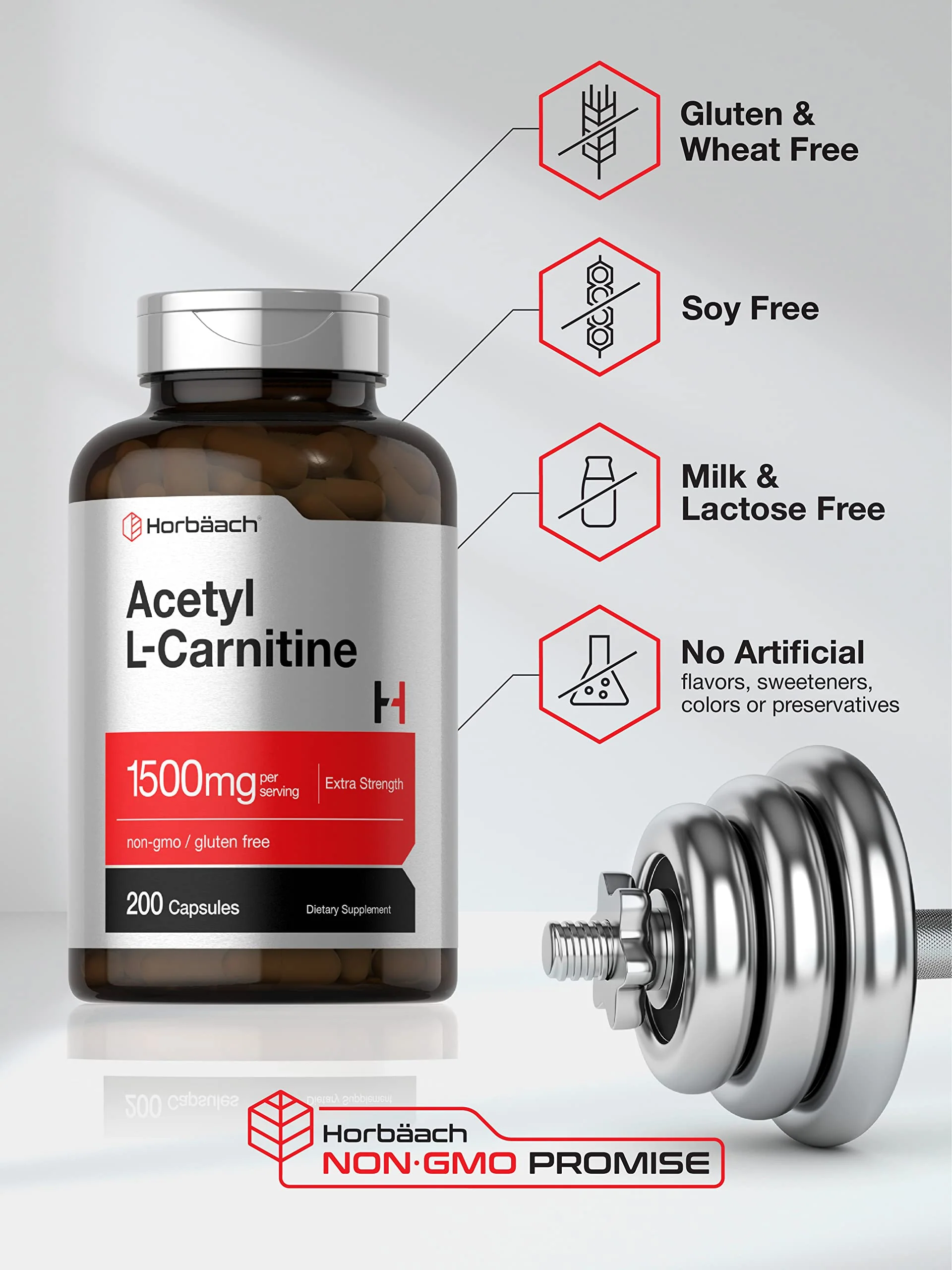 Horbäach Acetyl L-Carnitine 1500mg | 200 Capsules | Extra Strength Supplement | Non-GMO & Gluten Free - Image 5