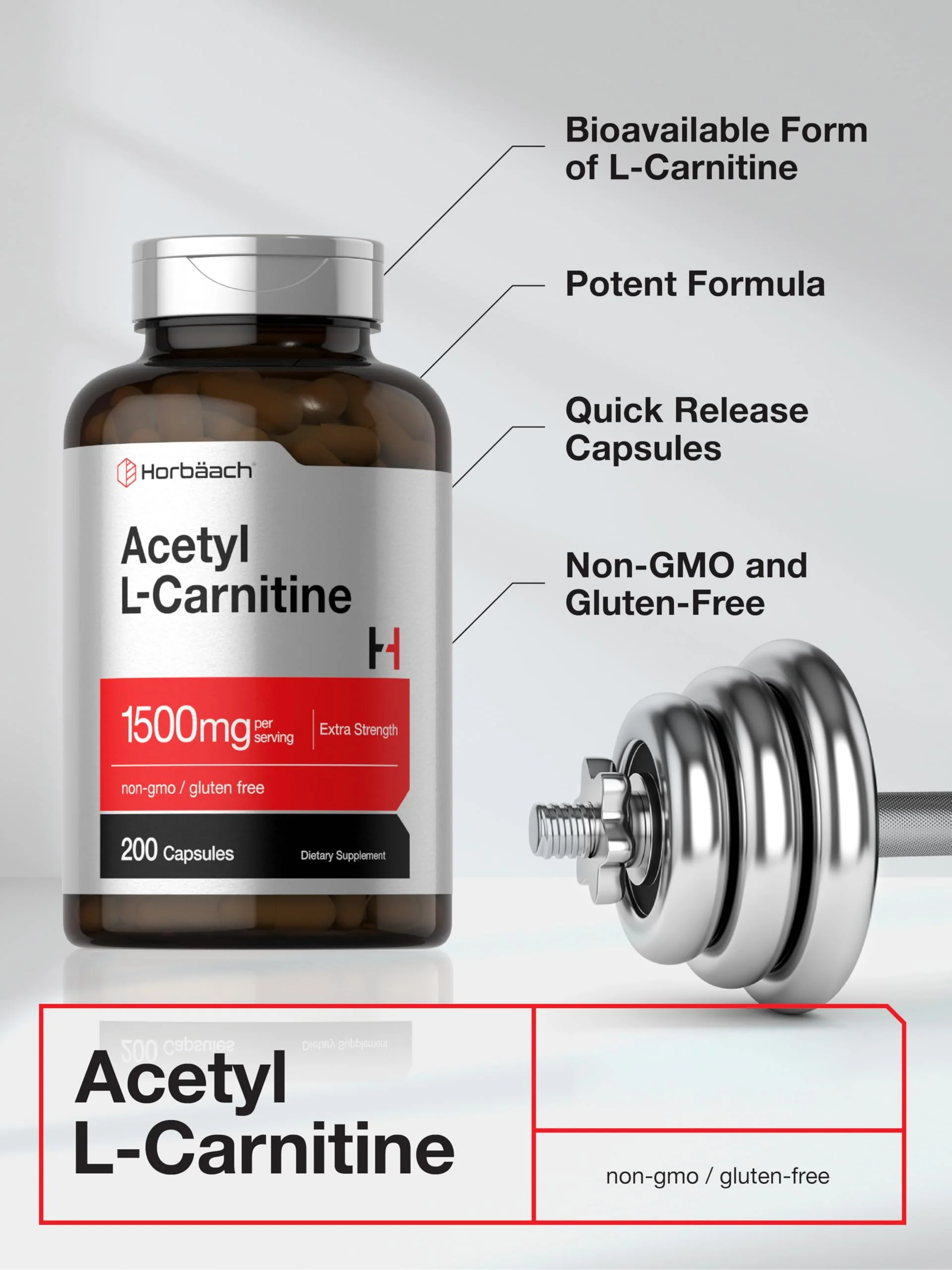 Horbäach Acetyl L-Carnitine 1500mg | 200 Capsules | Extra Strength Supplement | Non-GMO & Gluten Free - Image 6