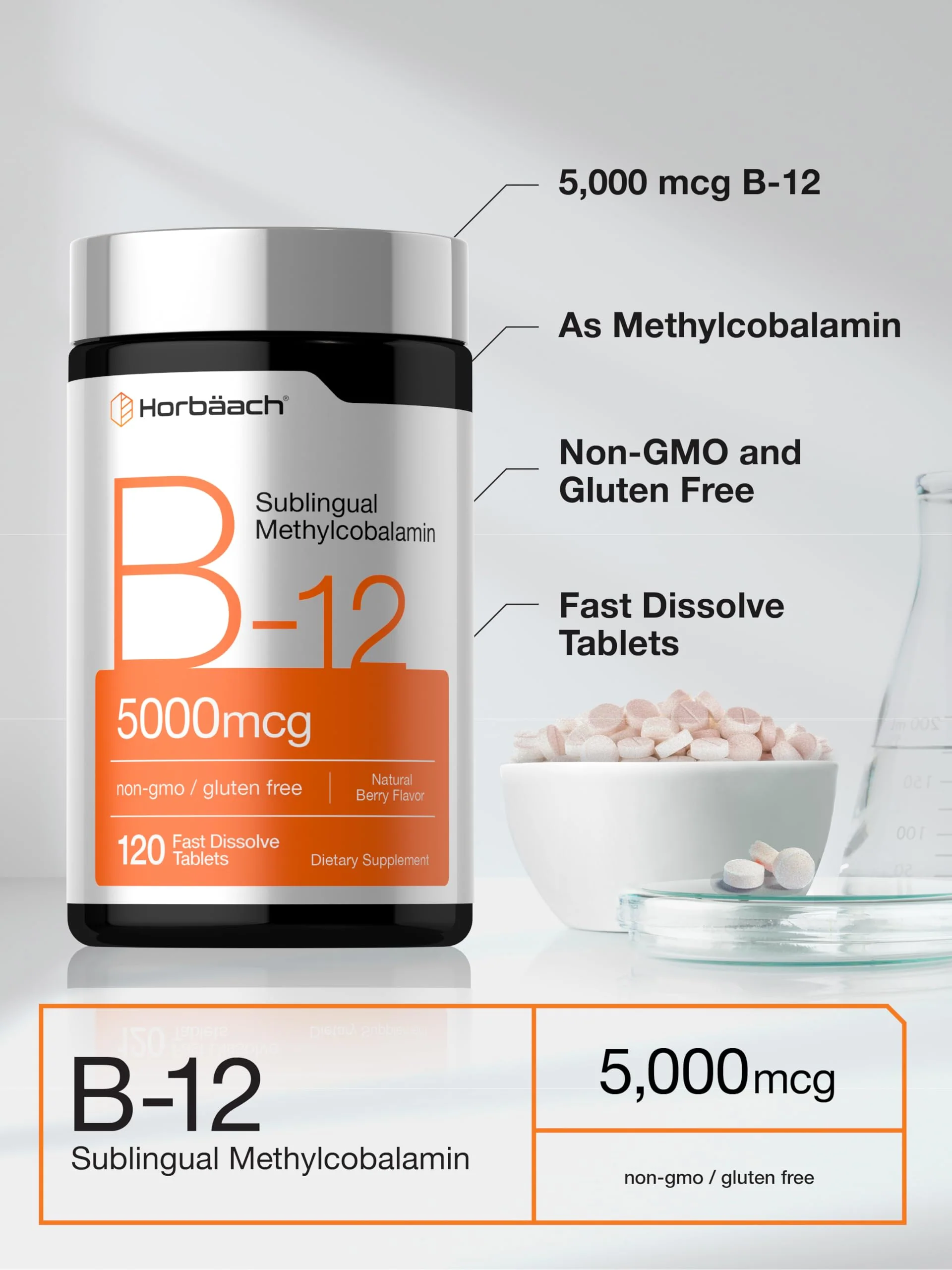 Horbäach B12 Vitamin 5000 mcg | 120 Fast Dissolve Tablets | Sublingual Methylcobalamin | Natural Berry Flavor | Vegan, Non-GMO & Gluten Free Supplement - Image 4