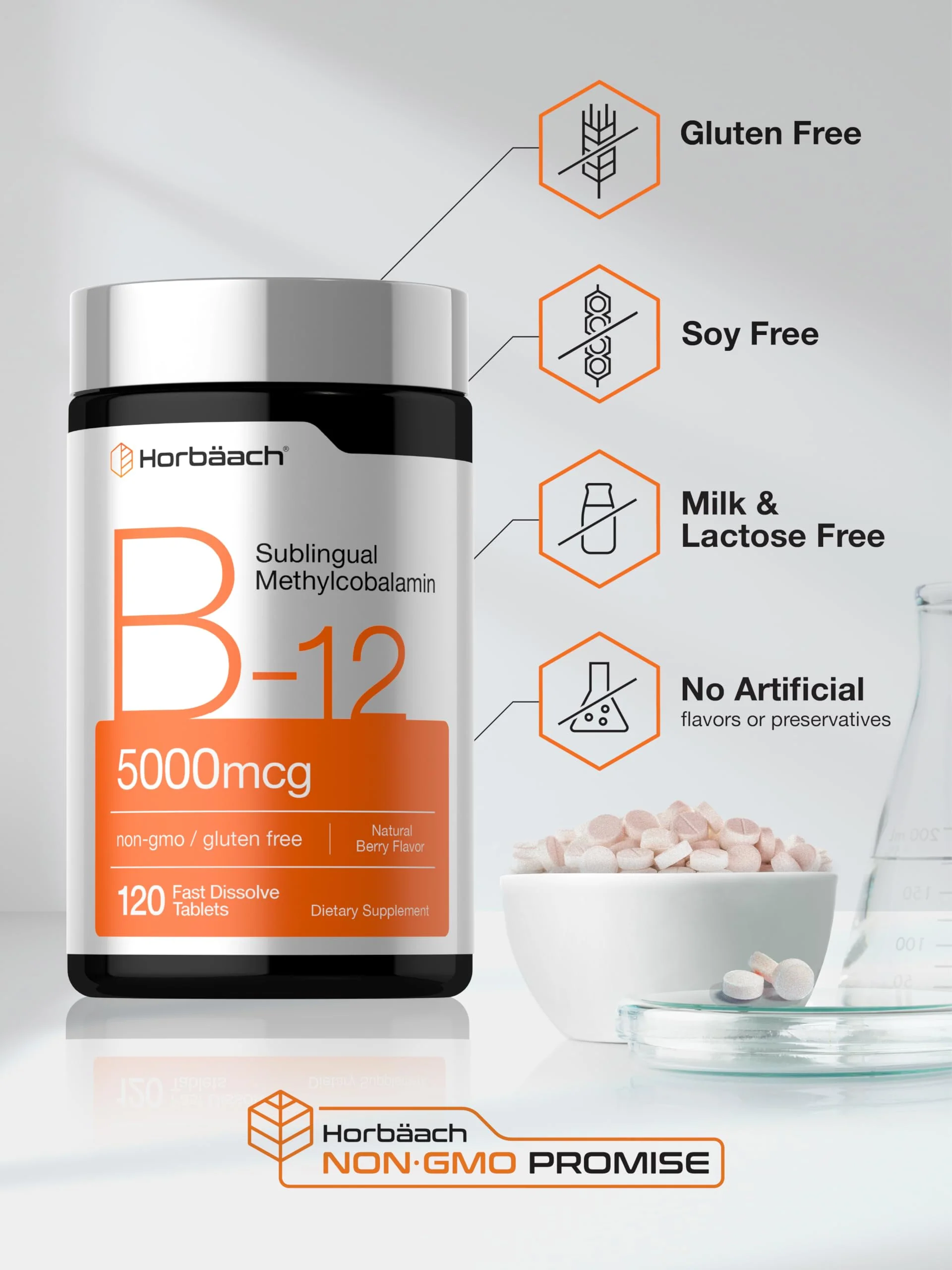 Horbäach B12 Vitamin 5000 mcg | 120 Fast Dissolve Tablets | Sublingual Methylcobalamin | Natural Berry Flavor | Vegan, Non-GMO & Gluten Free Supplement - Image 5