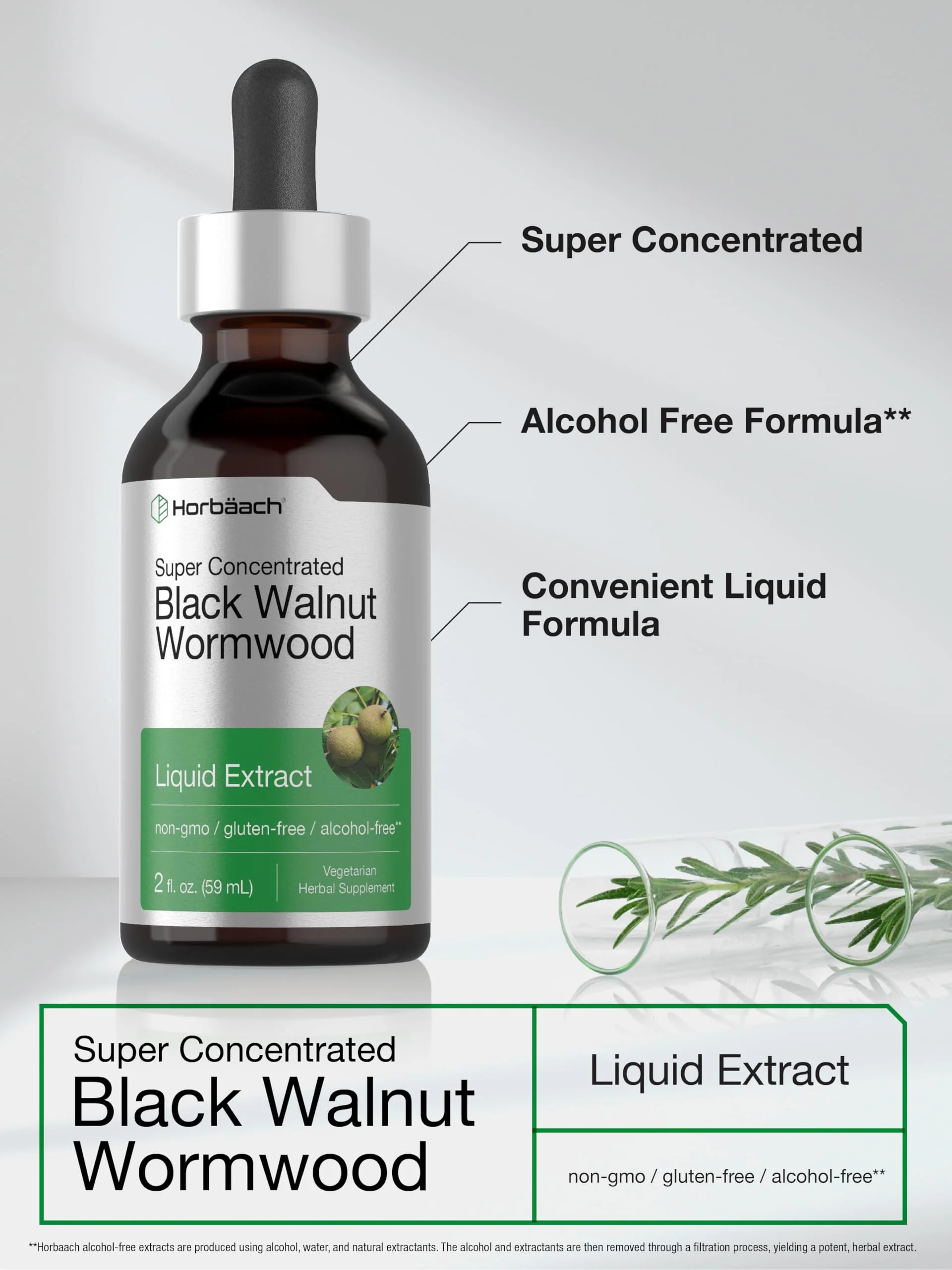 Horbäach Black Walnut Hull Wormwood Extract Tincture | 2 fl oz | Alcohol Free Liquid | Vegetarian, Non-GMO & Gluten Free Supplement - Image 5