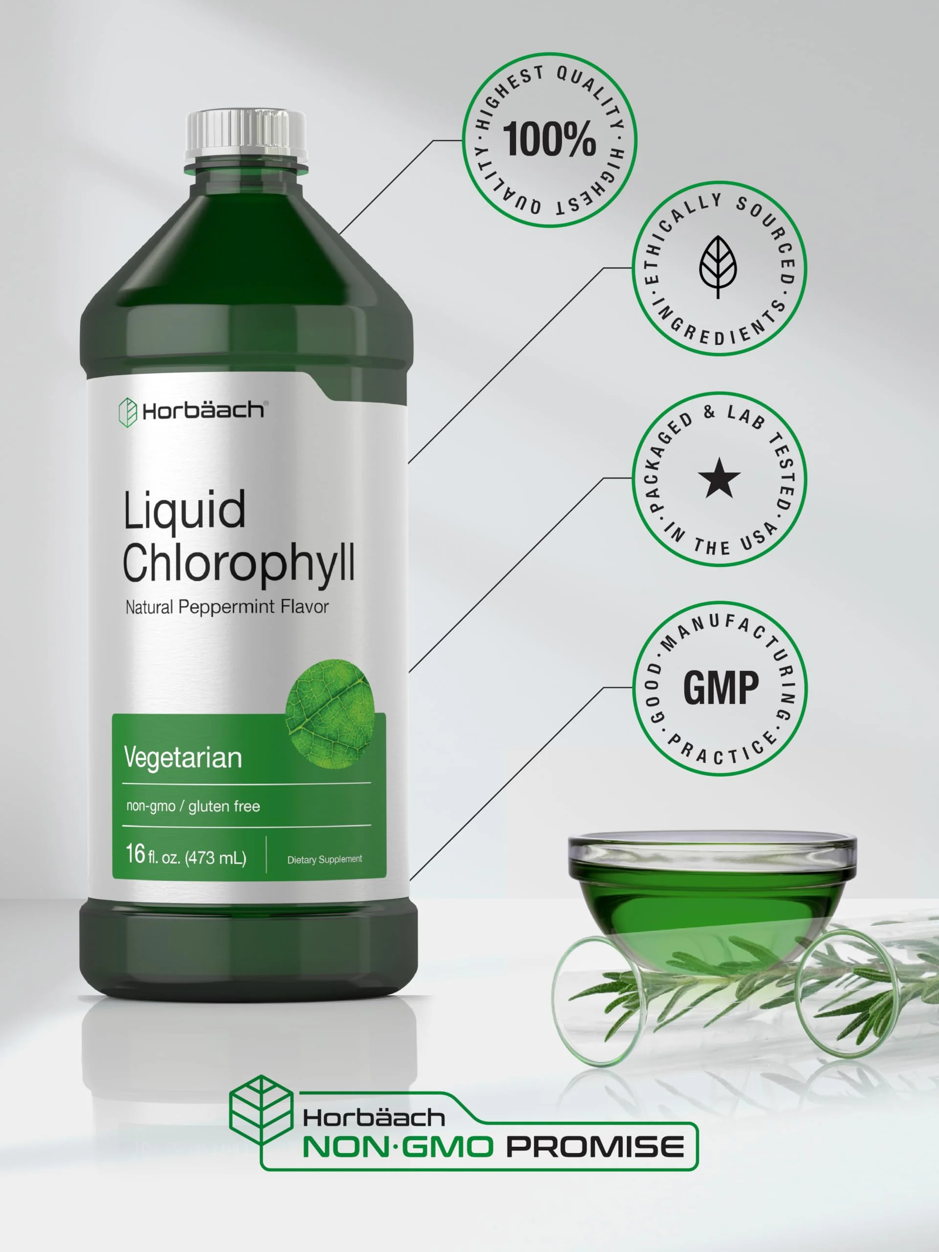Horbäach Chlorophyll Liquid Drops | 100mg | 32 oz (2 x 16 oz Bottles) | Natural Peppermint Flavor | Vegetarian, Non-GMO, Gluten Free Supplement - Image 4