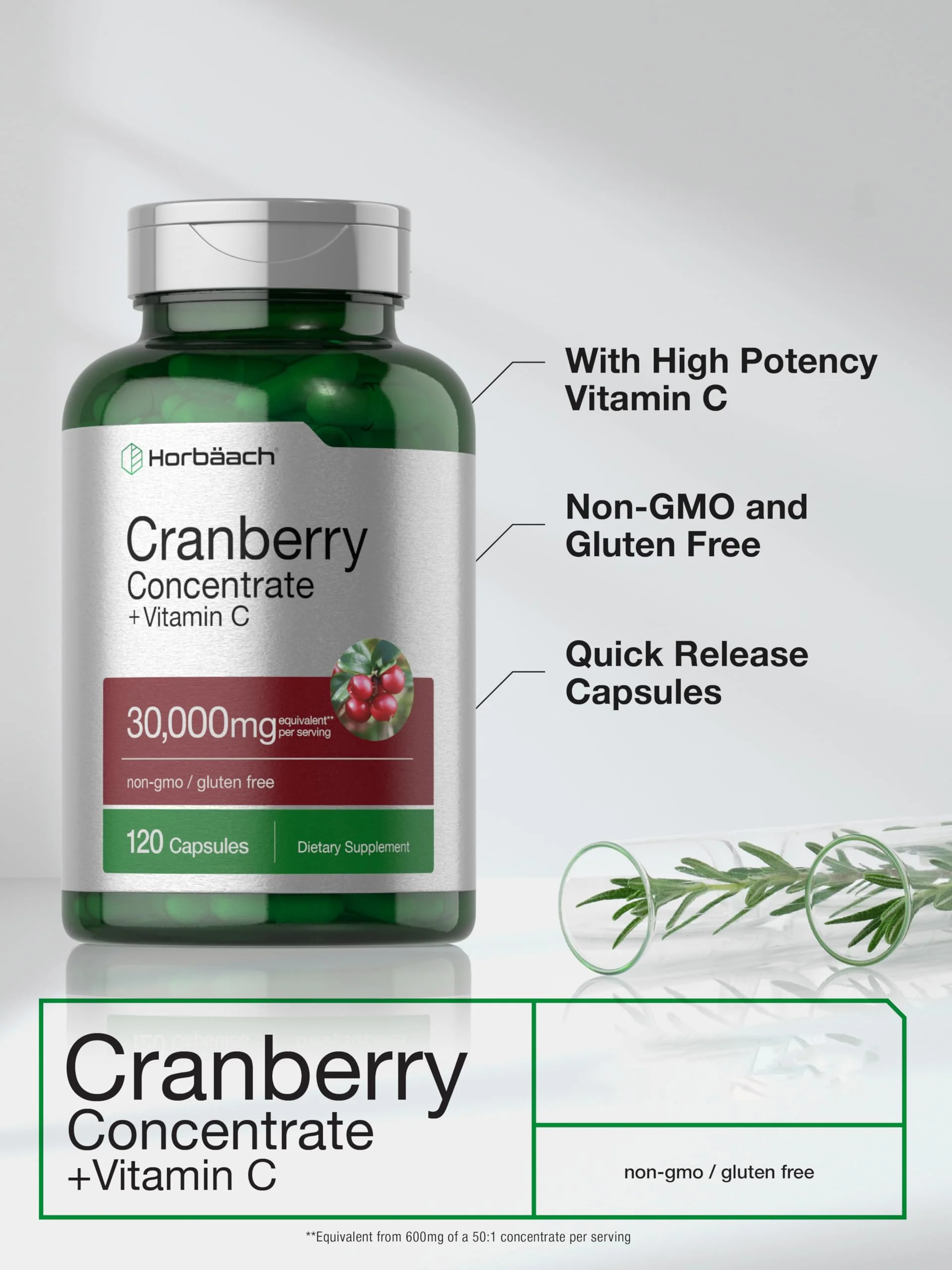 Horbäach Cranberry Concentrate Extract Pills + Vitamin C | 120 Capsules | Supplement for Women and Men | Triple Strength Ultimate Potency Formula | Non-GMO and Gluten Free - Image 4