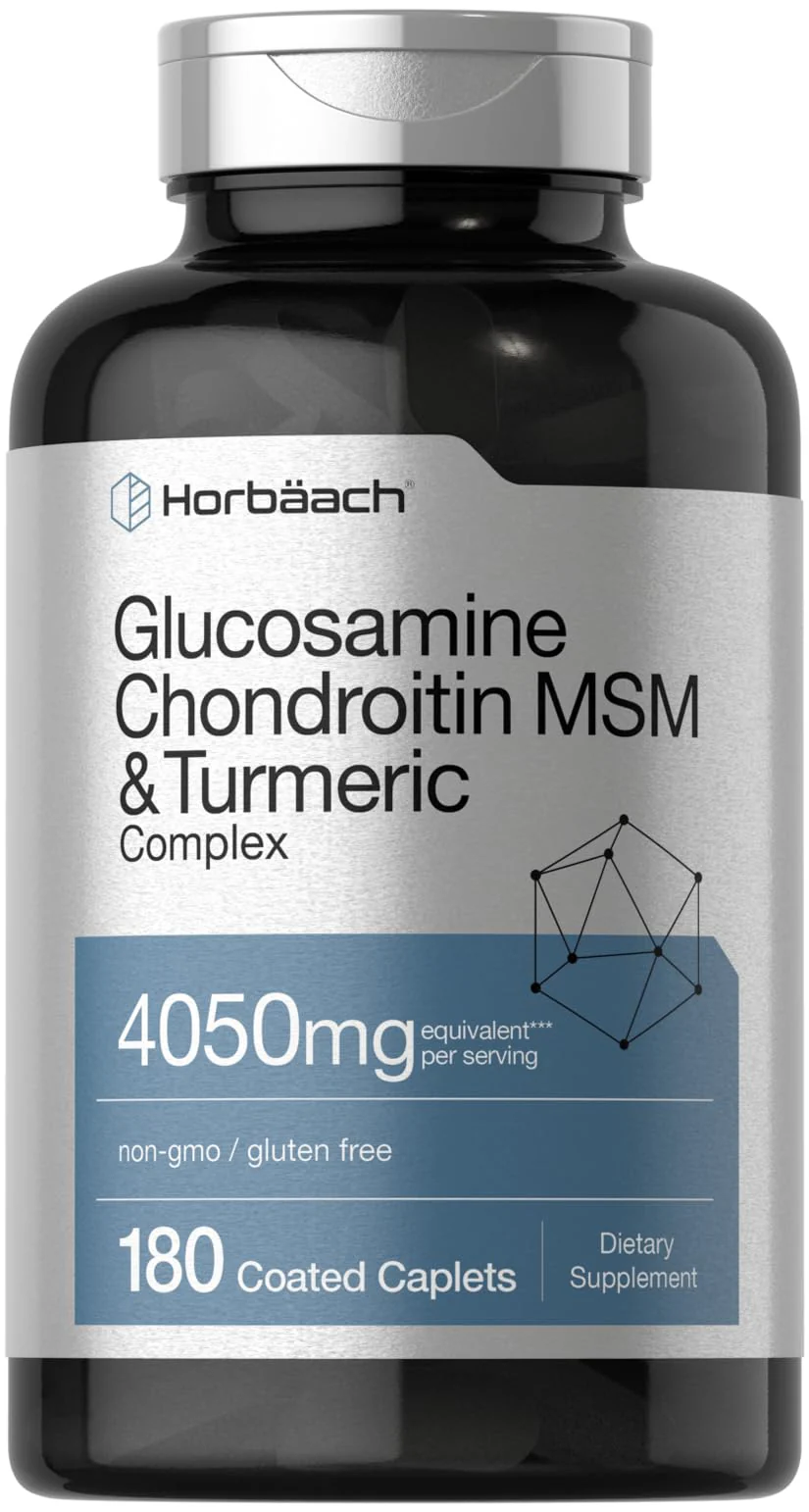 Horbäach Glucosamine Chondroitin MSM | 180 Caplets | with Turmeric | Triple Strength Formula | Non-GMO & Gluten Free Supplement