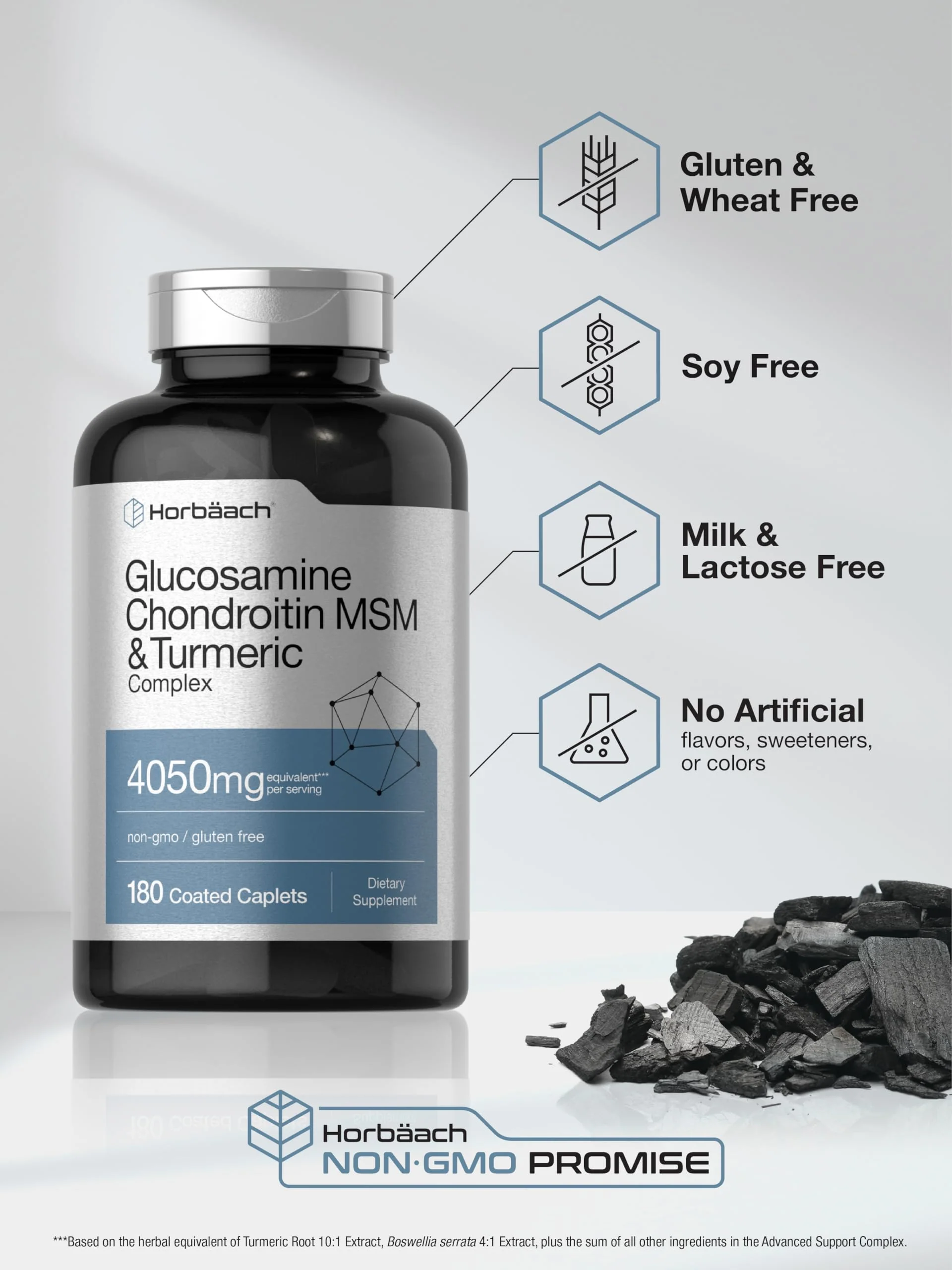 Horbäach Glucosamine Chondroitin MSM | 180 Caplets | with Turmeric | Triple Strength Formula | Non-GMO & Gluten Free Supplement - Image 4