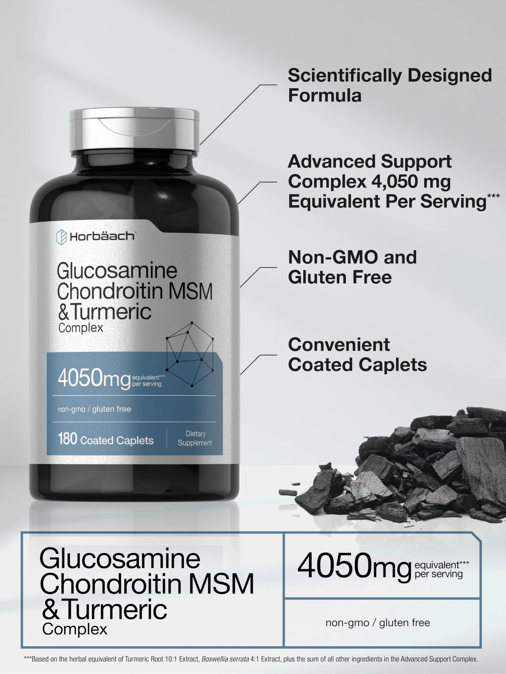 Horbäach Glucosamine Chondroitin MSM | 180 Caplets | with Turmeric | Triple Strength Formula | Non-GMO & Gluten Free Supplement - Image 5