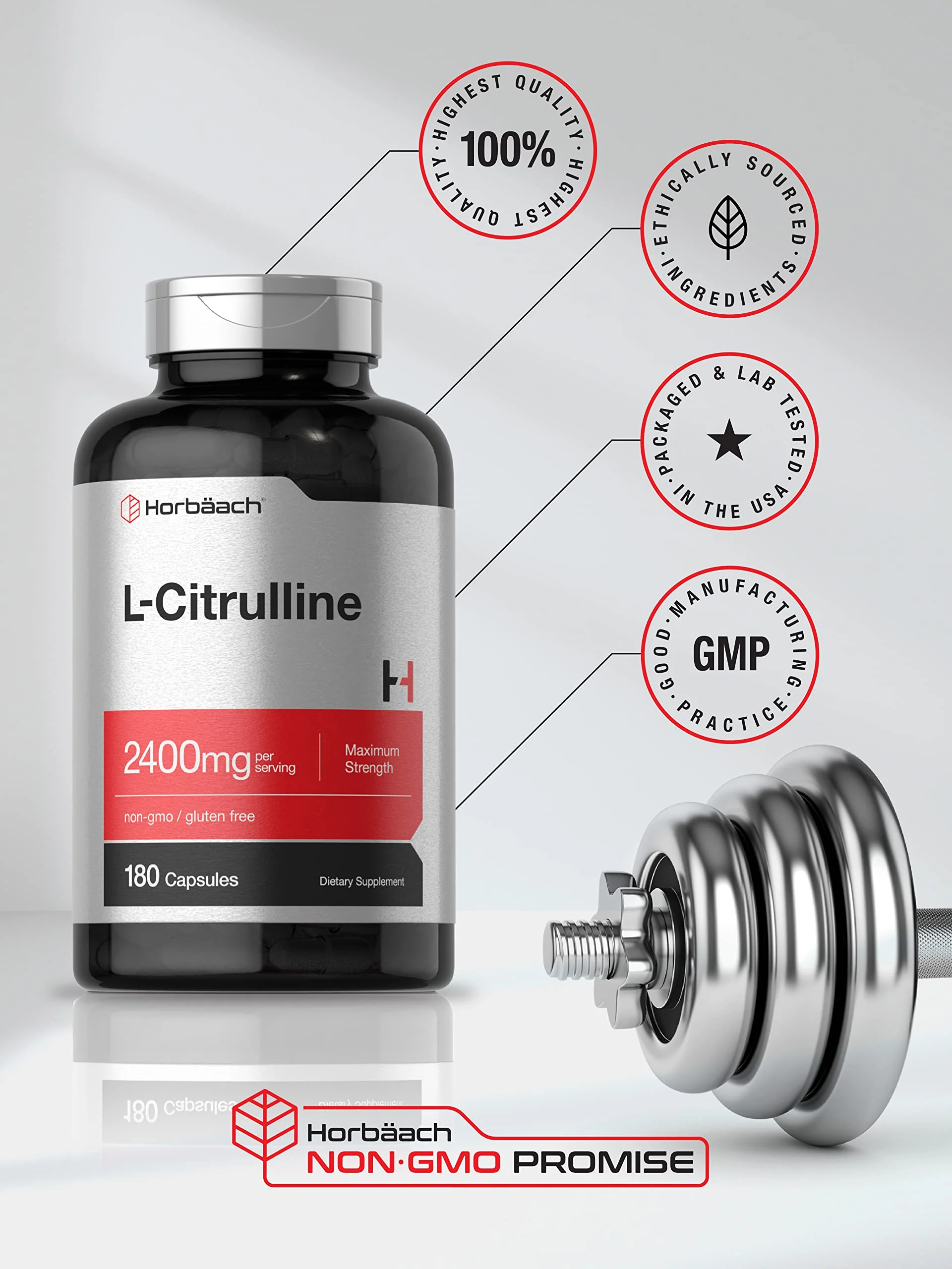 Horbaach L Citrulline Supplement for Men and Women | 2400 mg | 180 Capsules | Maximum Strength and Free Form | Non-GMO, Gluten Free - Image 4