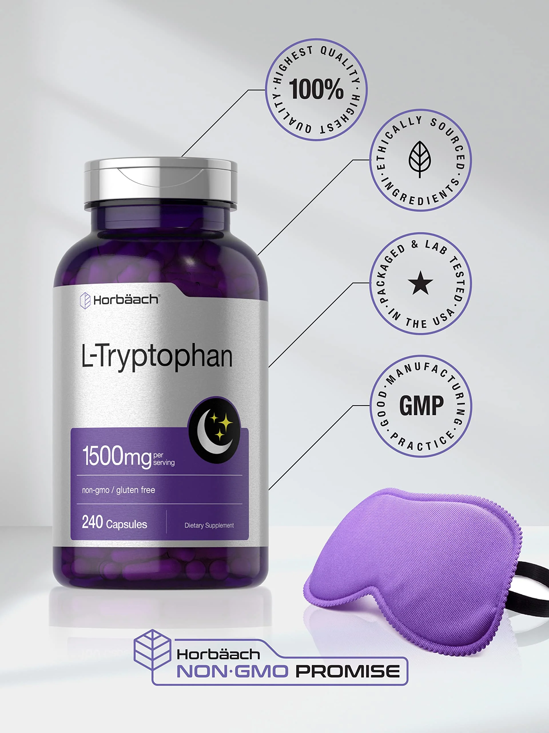 Horbäach L Tryptophan 1500mg Capsules | 240 Count | Nighttime Formula | Non-GMO, Gluten Free Supplement - Image 4