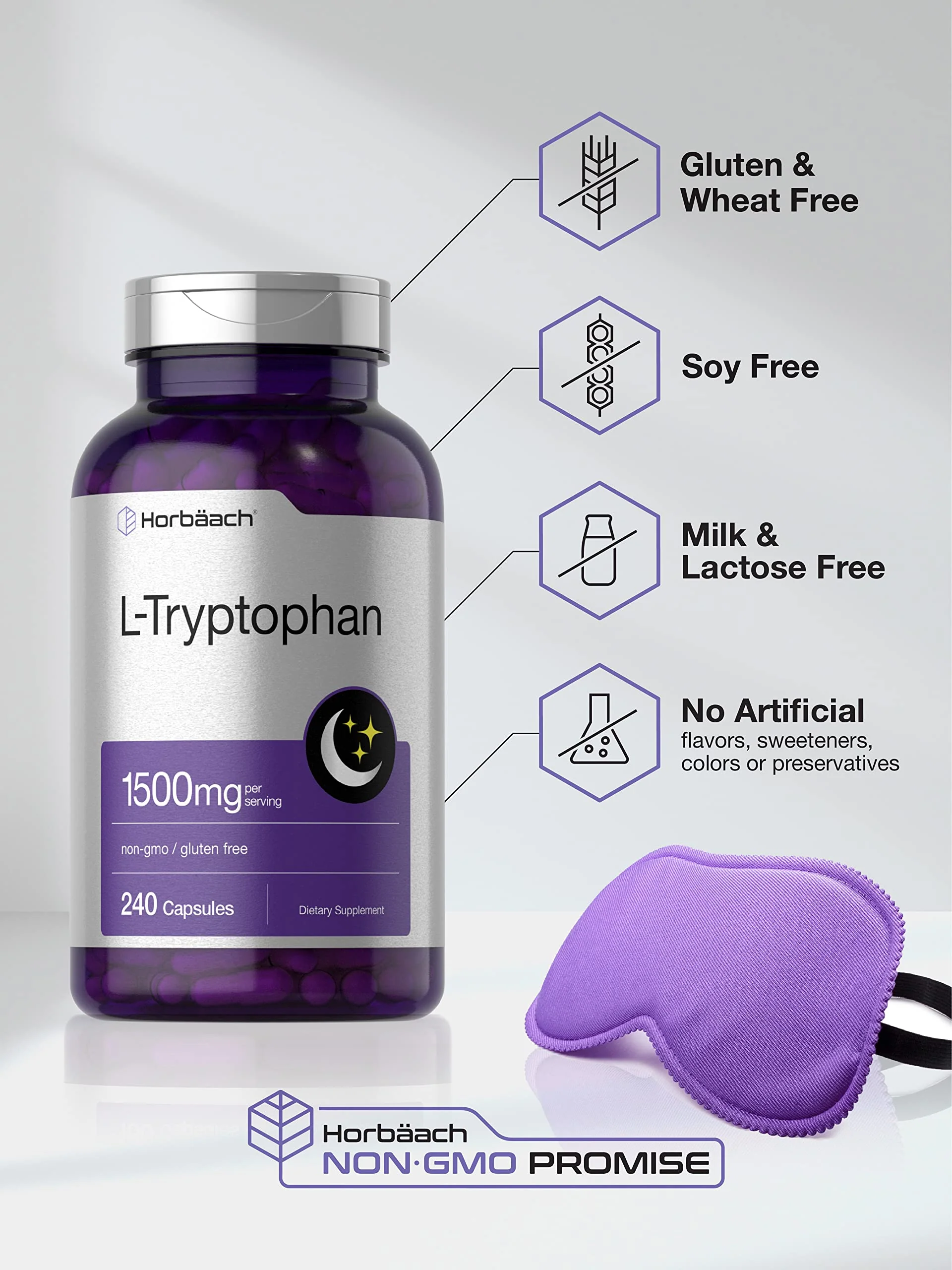 Horbäach L Tryptophan 1500mg Capsules | 240 Count | Nighttime Formula | Non-GMO, Gluten Free Supplement - Image 5