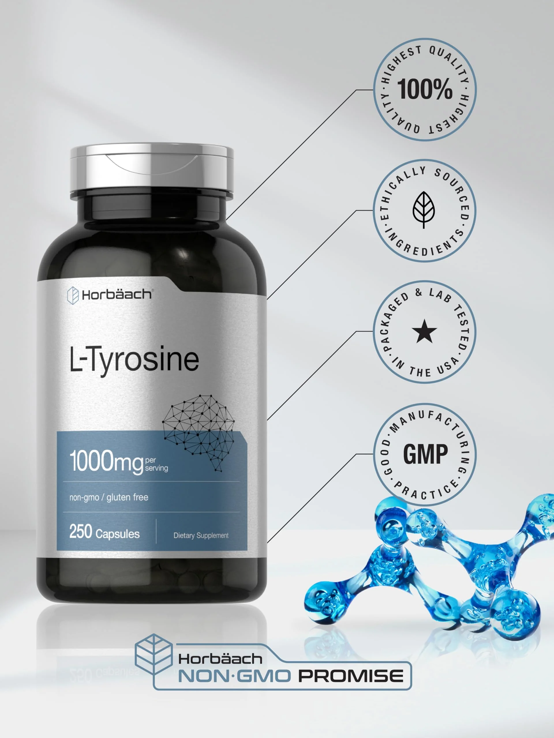 Horbäach L-Tyrosine Supplement | 1000mg | 250 Capsules | Non-GMO and Gluten Free Formula - Image 4