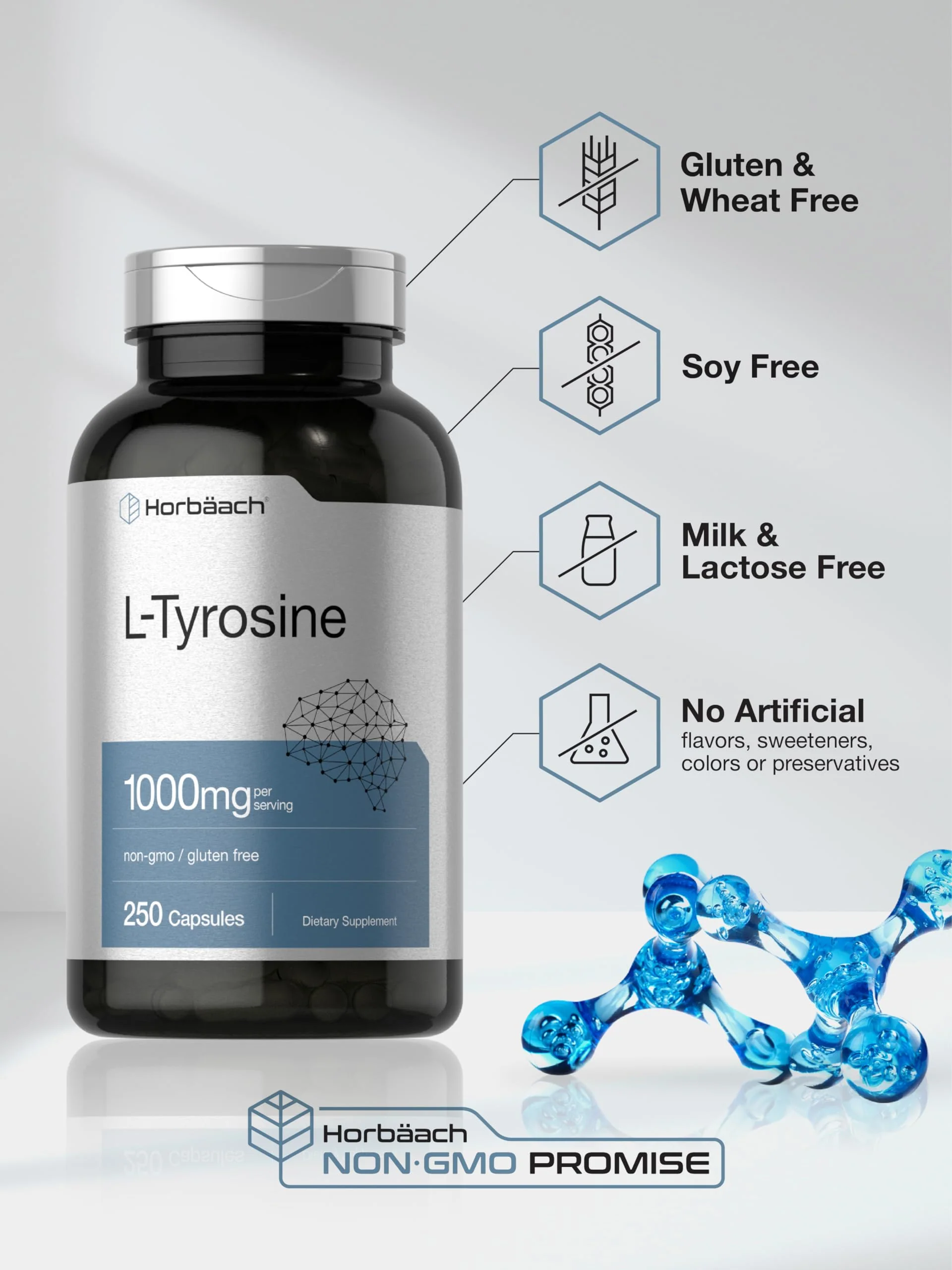 Horbäach L-Tyrosine Supplement | 1000mg | 250 Capsules | Non-GMO and Gluten Free Formula - Image 5