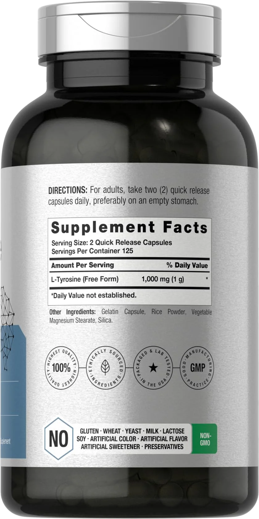 Horbäach L-Tyrosine Supplement | 1000mg | 250 Capsules | Non-GMO and Gluten Free Formula - Image 8
