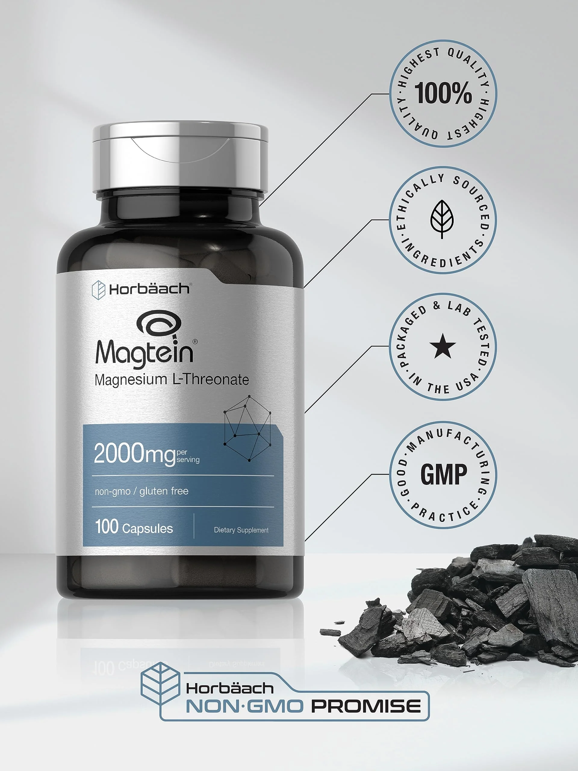 Horbäach Magtein Magnesium L-Threonate | 2000mg Supplement | 100 Capsules | for Men & Women | Non-GMO and Gluten Free - Image 4