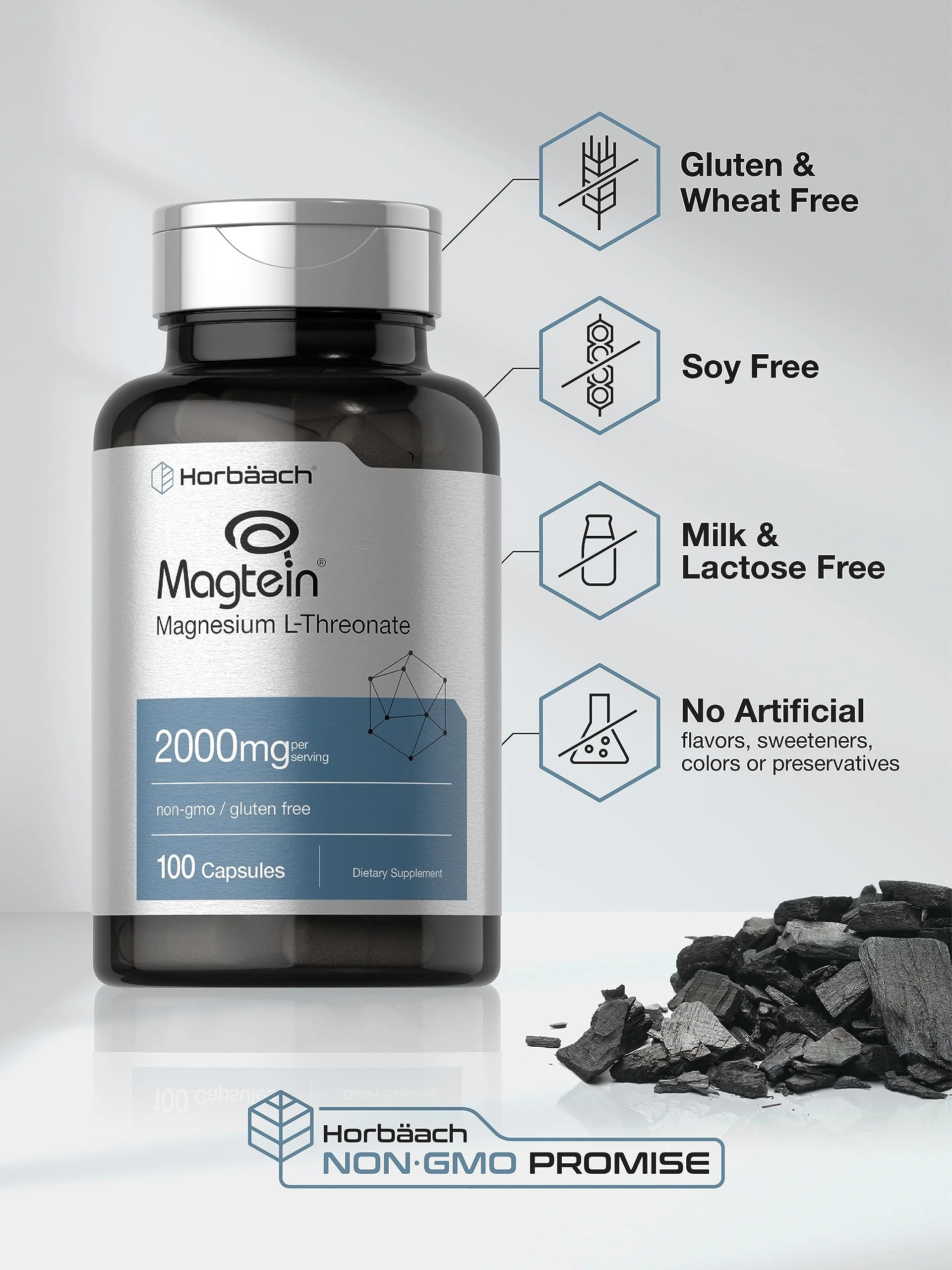 Horbäach Magtein Magnesium L-Threonate | 2000mg Supplement | 100 Capsules | for Men & Women | Non-GMO and Gluten Free - Image 5