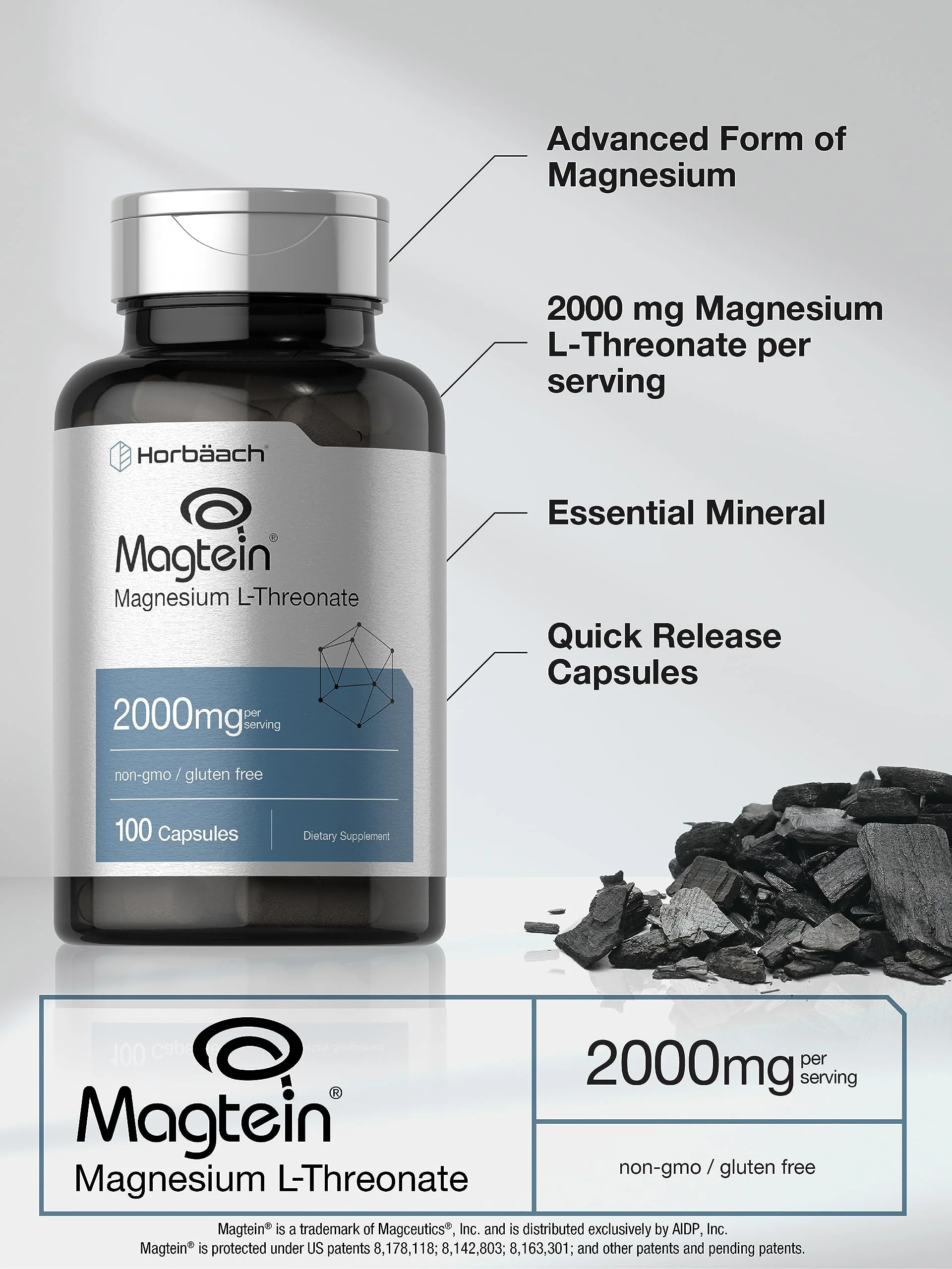 Horbäach Magtein Magnesium L-Threonate | 2000mg Supplement | 100 Capsules | for Men & Women | Non-GMO and Gluten Free - Image 6