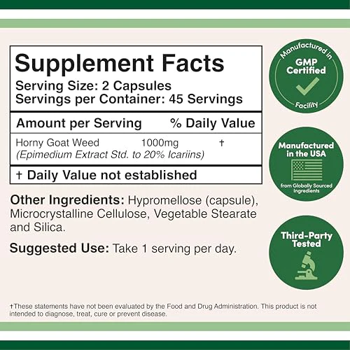 Horny Goat Weed for Men and Women - No Fillers (Max Strength Epimedium Std. to 20% Icariins) 1,000mg per Serving, 90 Capsules (Male Enhancing Supplement) by Double Wood - Image 5