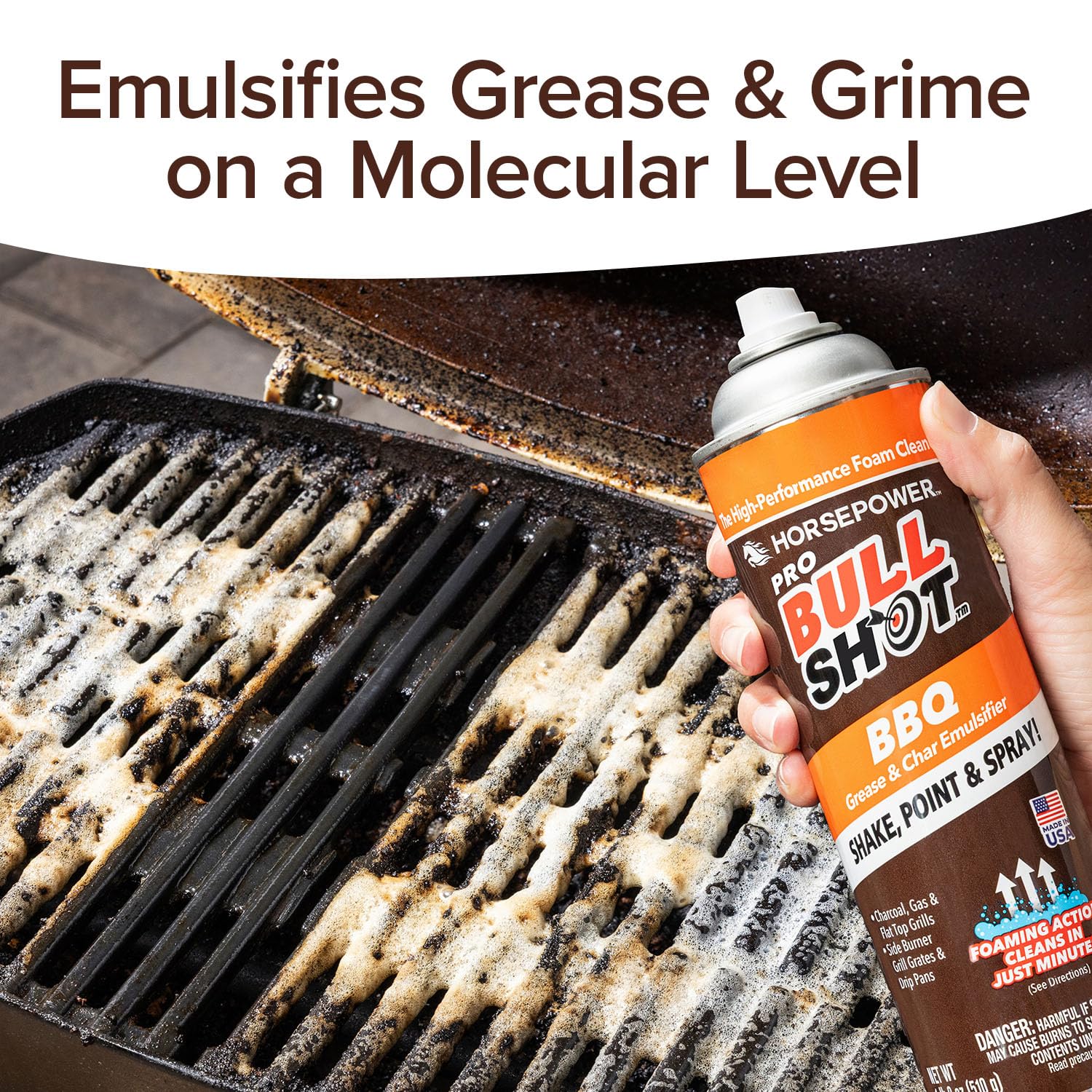 Horsepower Bull Shot BBQ MAX Pro Super-Concentrated Foaming Grill Cleaner, AS SEEN ON TV, Made in USA, Shake, Point & Spray, Emulsifies Grease & Char on Grills, Stove Burners, Drip Pans & More - Image 5