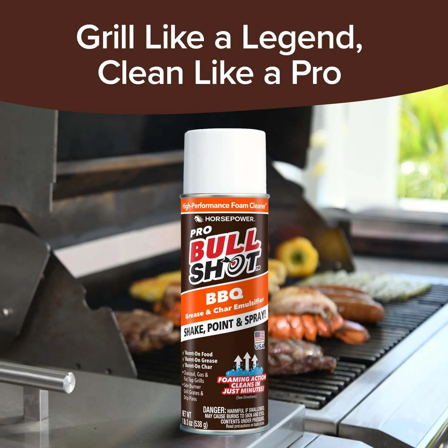 Horsepower Bull Shot BBQ MAX Pro Super-Concentrated Foaming Grill Cleaner, AS SEEN ON TV, Made in USA, Shake, Point & Spray, Emulsifies Grease & Char on Grills, Stove Burners, Drip Pans & More - Image 8