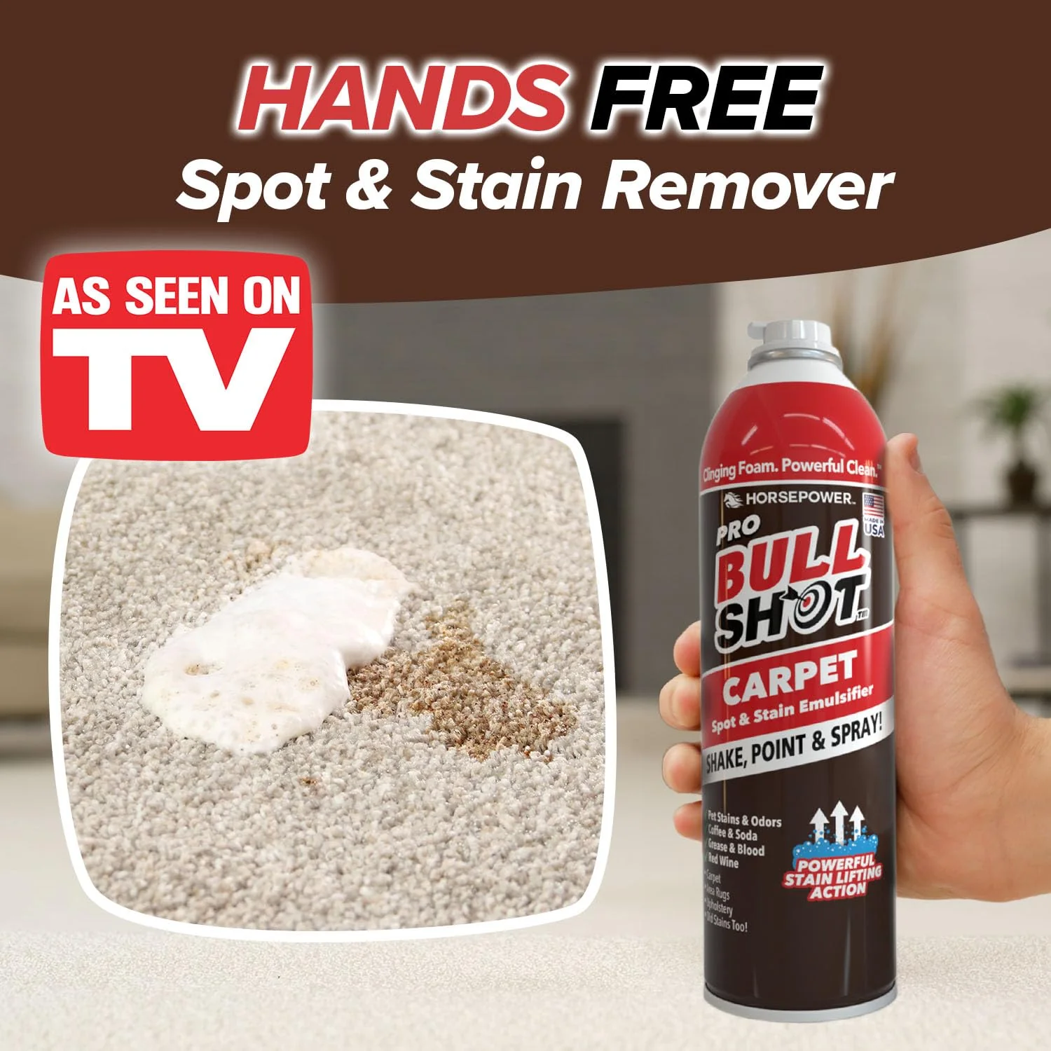 Horsepower Bull Shot Carpet Spot & Stain Remover by Horsepower, AS SEEN ON TV, Made In USA, Just Point & Spray, Stain-Lifting Foam-Action, Pet Stains & Odors, Coffee, Soda, Wine, Stains, 2 Pack - Image 9