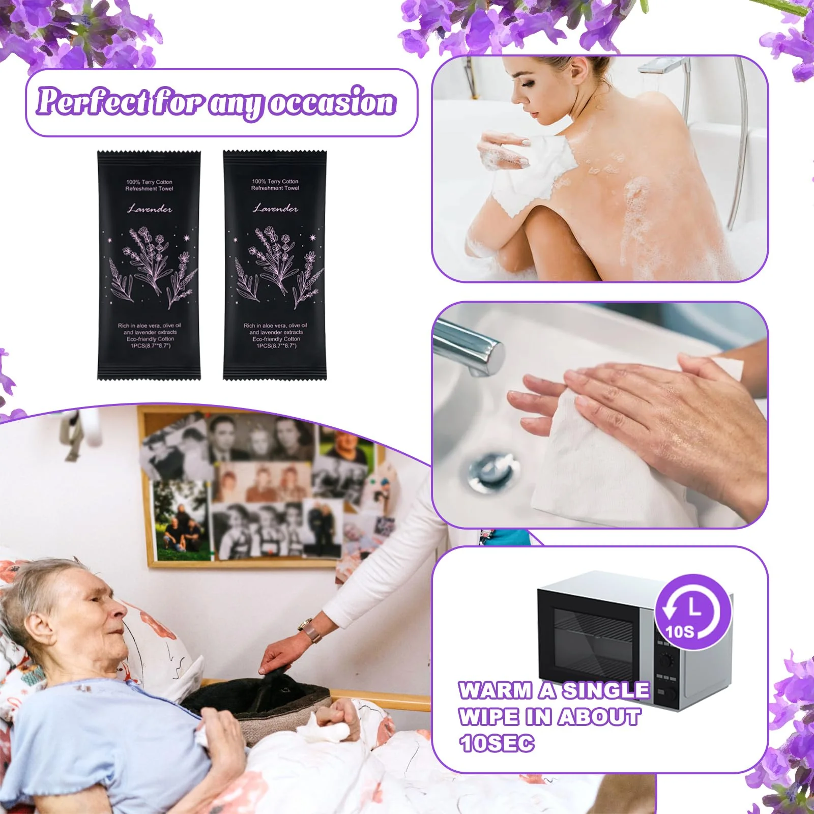 Hot or Cold Moist Cotton Towel Bulk Moist Towelettes Individually Wrapped 8.7" x 8.7",White Towel Services,Refreshment Pre Moistened Towels Lavender Scent for Travel Sport Party Spa Dentist Hotel - Image 2