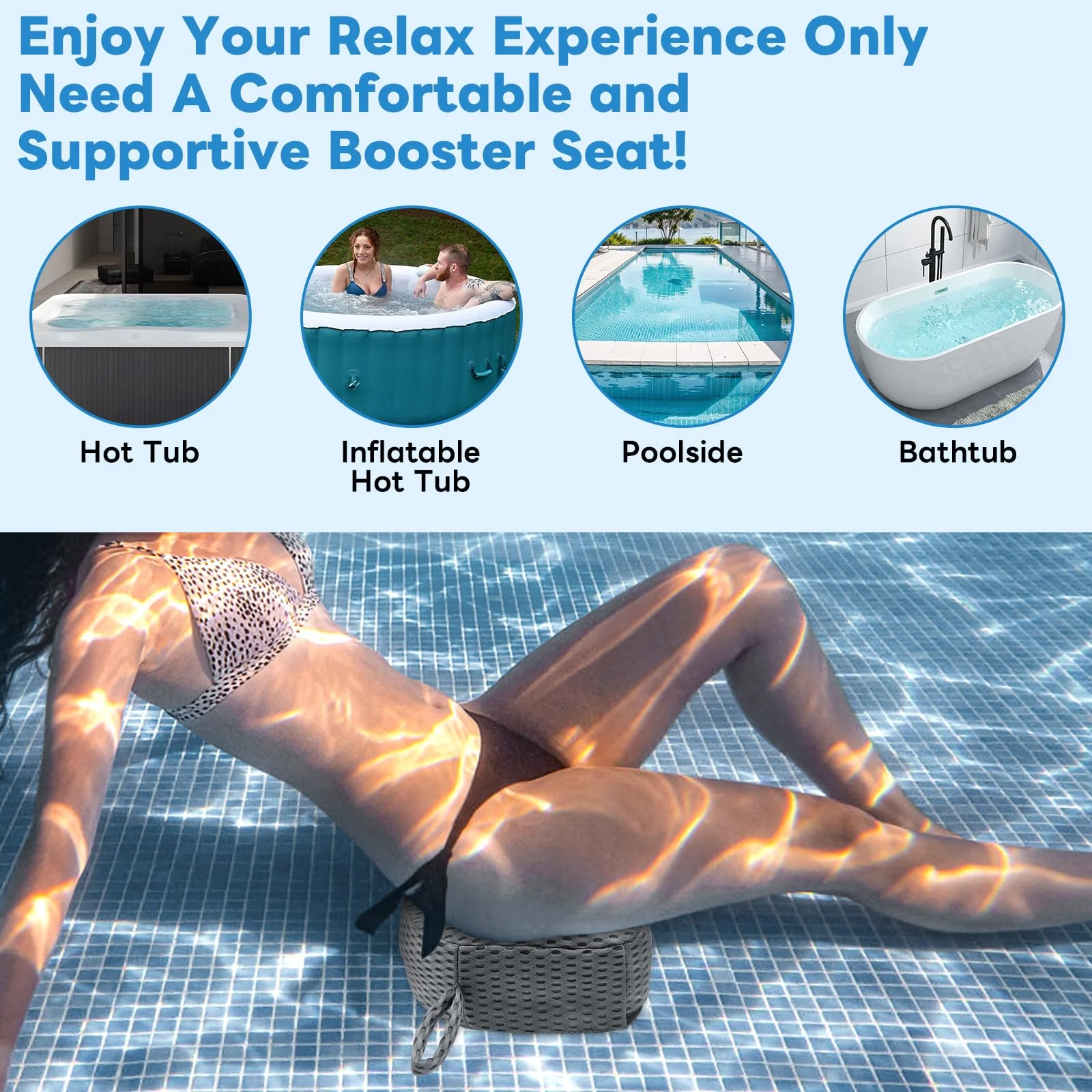 Hot Tub Booster Seat for Adults, Weighted 5" Extra Thick Spa Cushion, 4+ lbs Core Stays Submerged No Floating, 3D Air Mesh Quick Dry, Non-Slip Seat Riser for Jacuzzi, Bathtub & Outdoor Spa(Grey) - Image 5