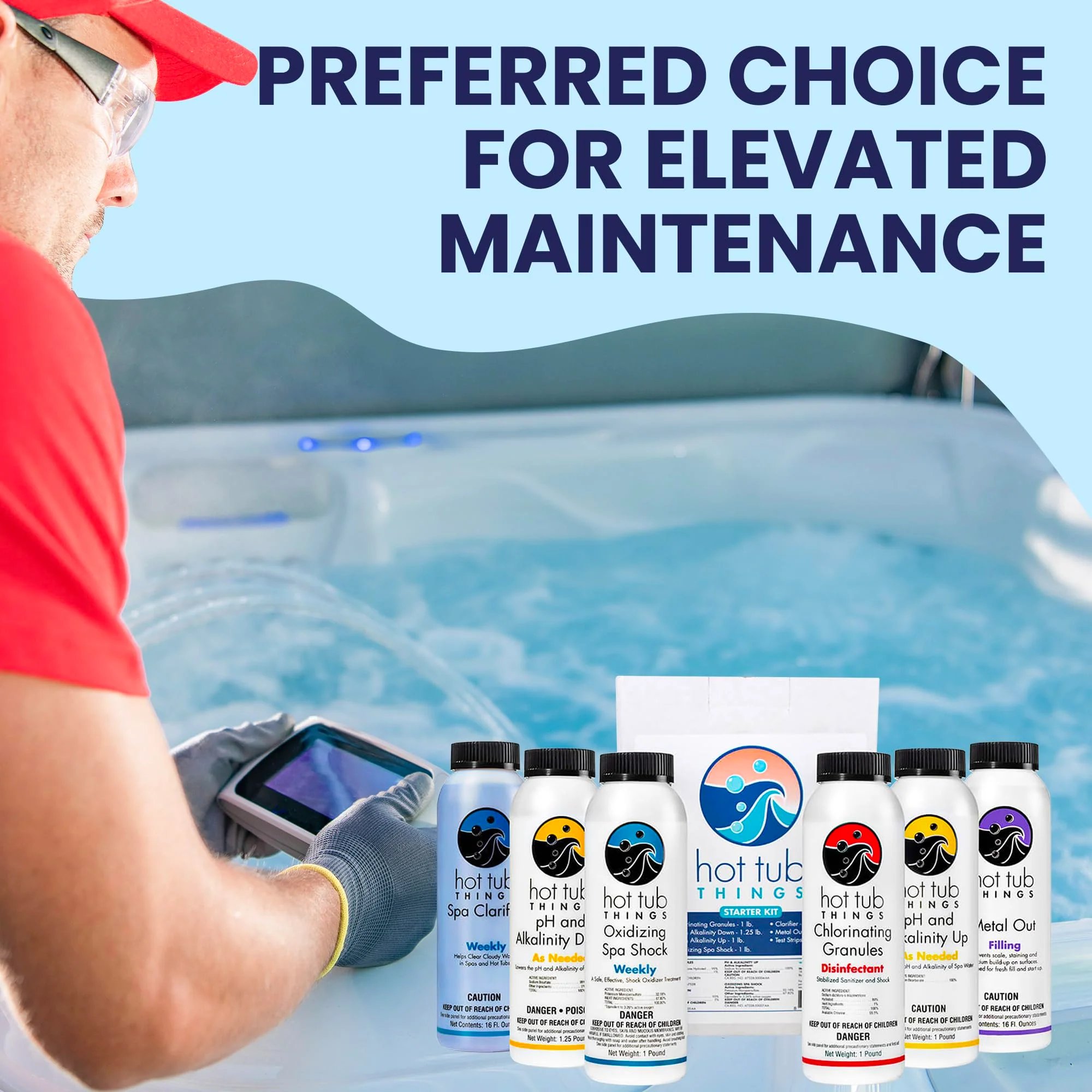 Hot Tub Things - Chlorine Starter Kit - Hot Tub Chemicals Kit for Spa & Jacuzzi Maintenance, Pool Shock, Chlorine Granules, Test Strips, Alkalinity Up & Down, Clarifier, Metal Out, Oxidizer - 1 lb - Image 2