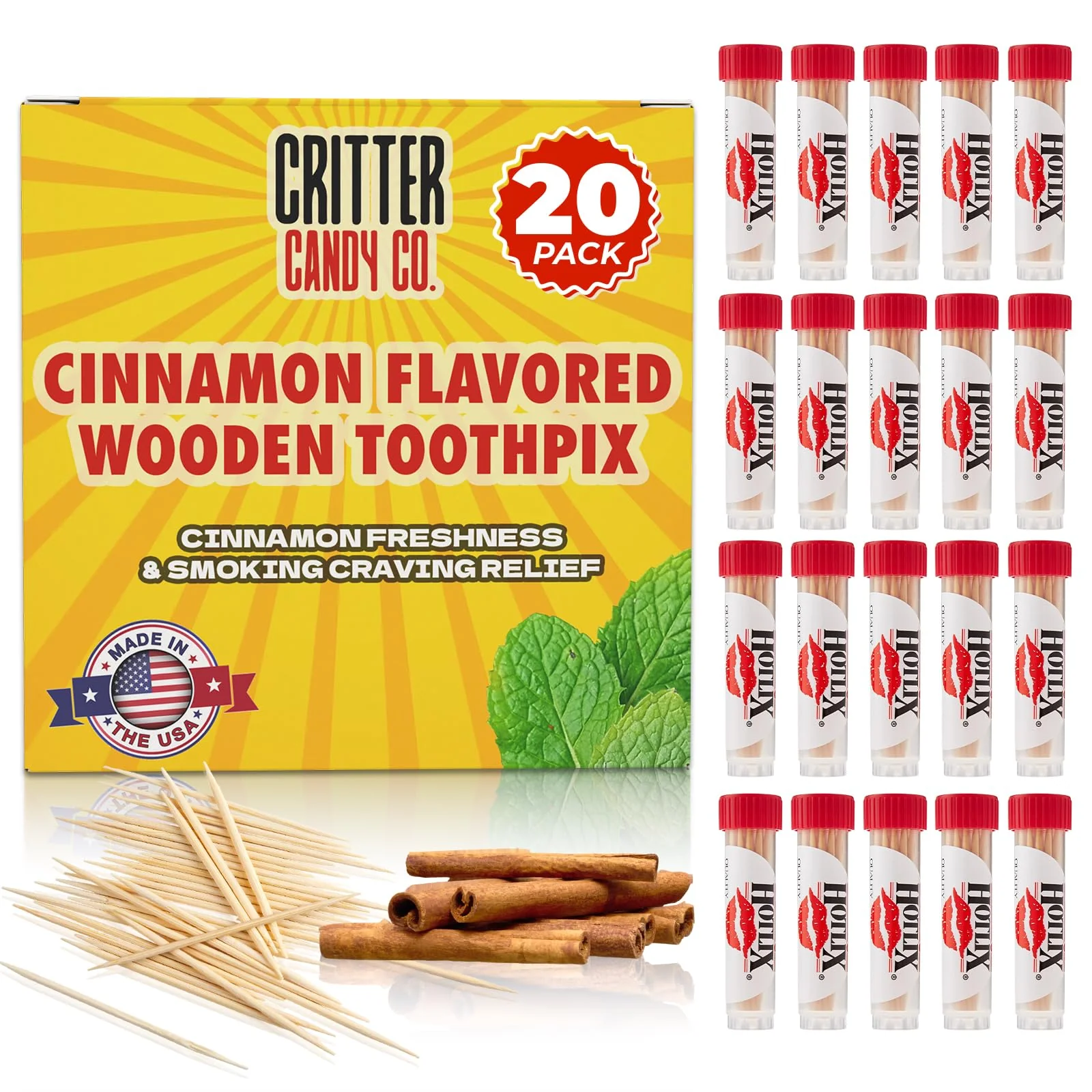 Hotlix Cinnamon Toothpicks (20 Pack 400 total), Flavored Toothpicks, Travel Toothpicks, Toothpicks for Food, Wooden Toothpicks, Fancy Toothpicks for Appetizers, Best Quit Smoking Products, Made in USA
