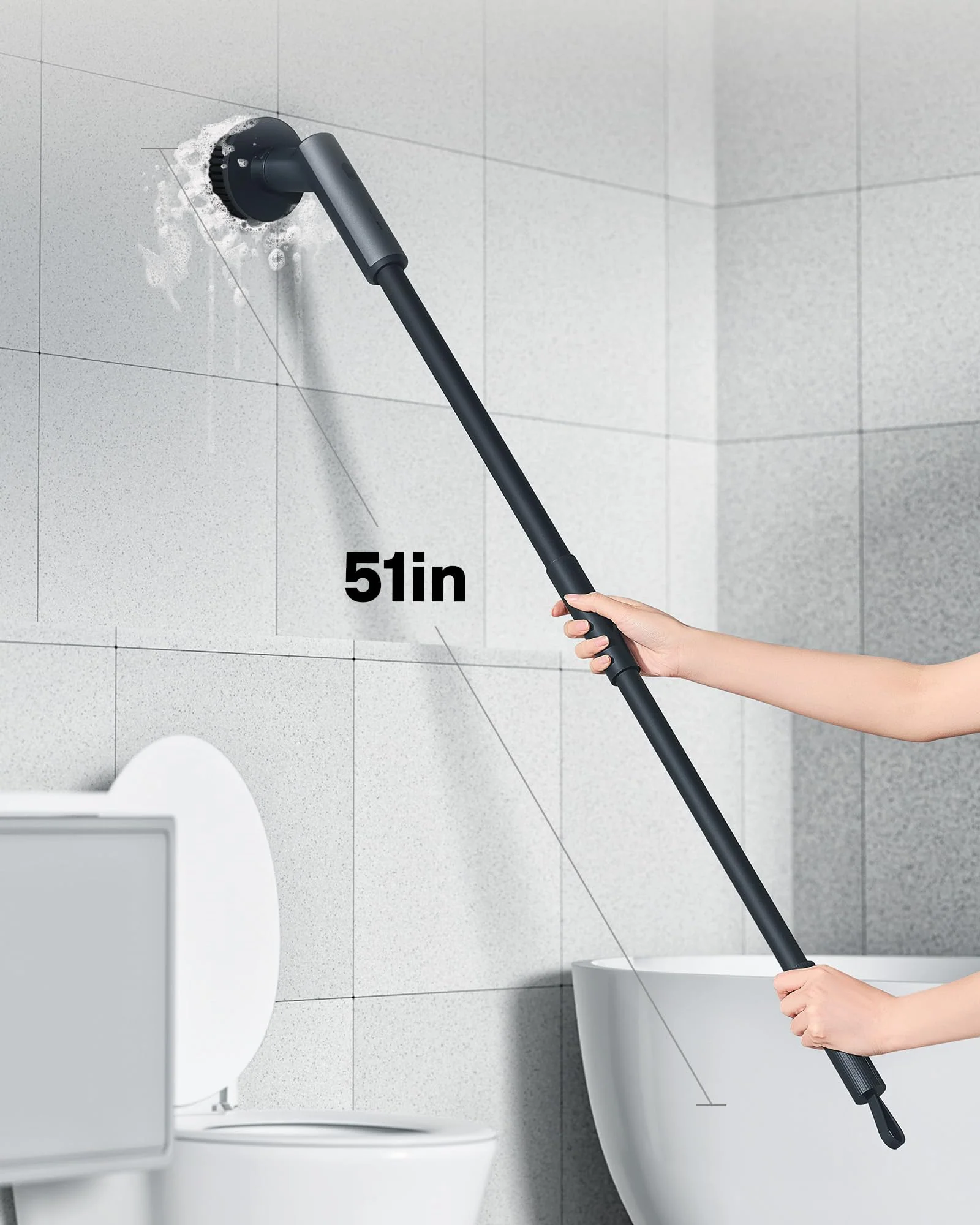 HOTO Cordless Electric Spin Scrubber, IPX7 Full Body Waterproof Bathroom Cleaning Brush, Max 22 in-lb, Shower Scrubber Brush with Long Handle, 6 Brush Heads, Power Scrubber for Bathroom, Floor, Tile - Image 4