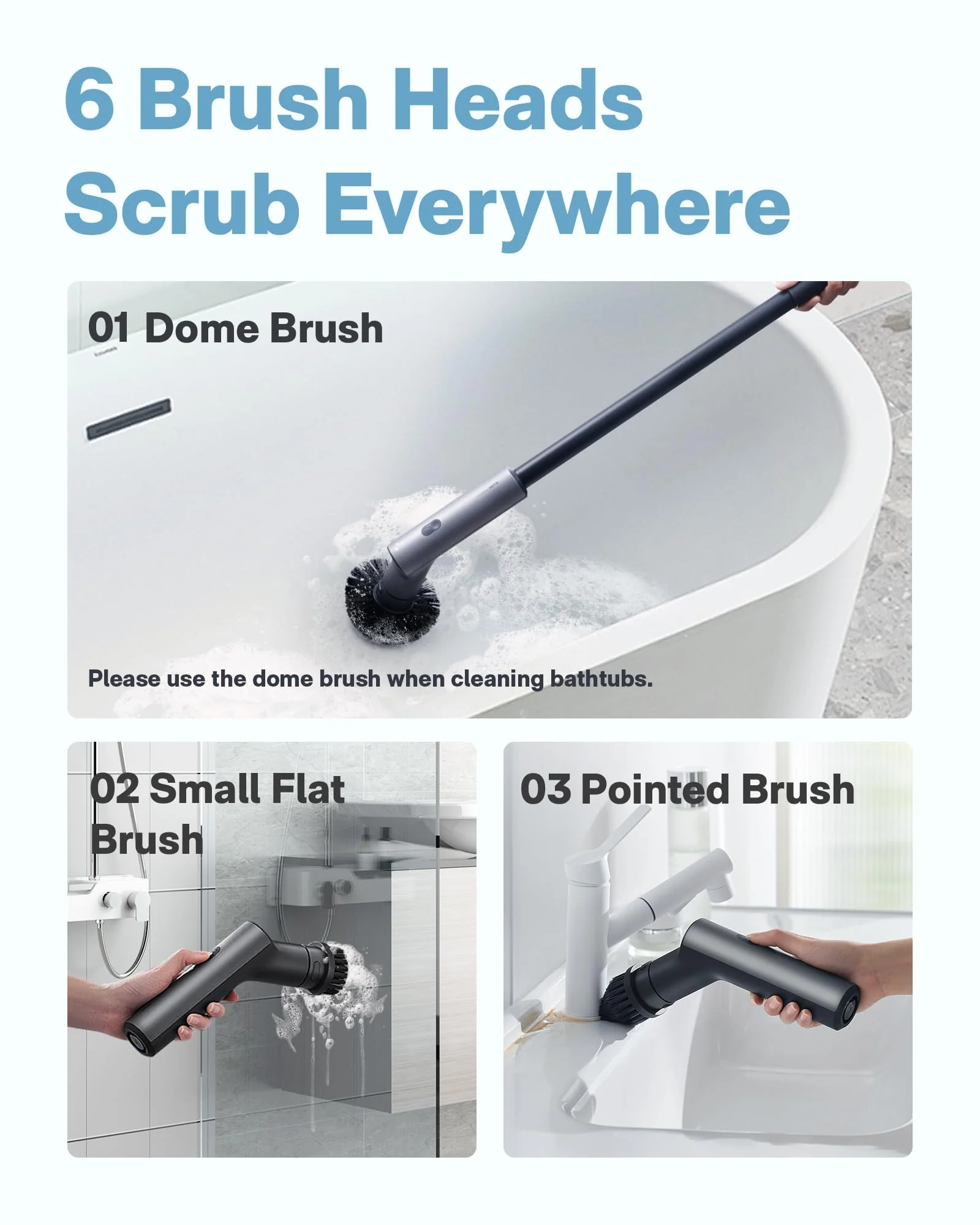 HOTO Cordless Electric Spin Scrubber, IPX7 Full Body Waterproof Bathroom Cleaning Brush, Max 22 in-lb, Shower Scrubber Brush with Long Handle, 6 Brush Heads, Power Scrubber for Bathroom, Floor, Tile - Image 9