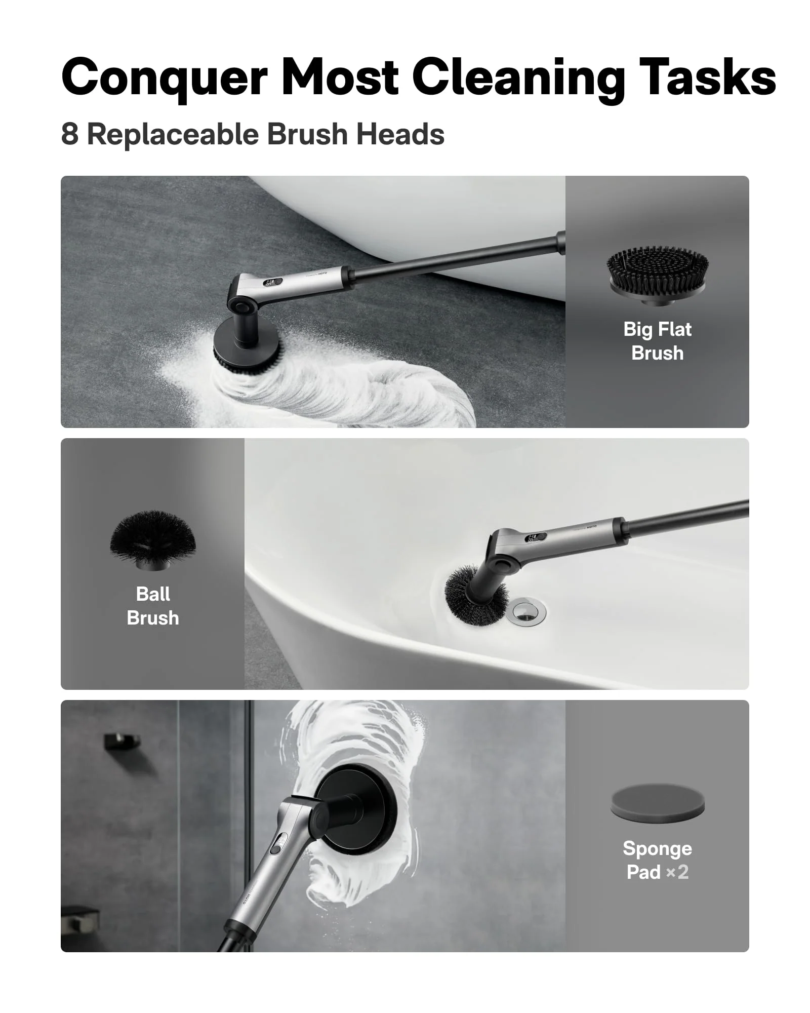 HOTO Flexi™ Cordless Electric Spin Scrubber, Adjustable Angle, Extendable Handle, Smart Display, IPX7 Waterproof, Powerful Cleaning Scrubber with 8 Replaceable Brush Heads, for Bathtub, Bathroom, Tile - Image 7